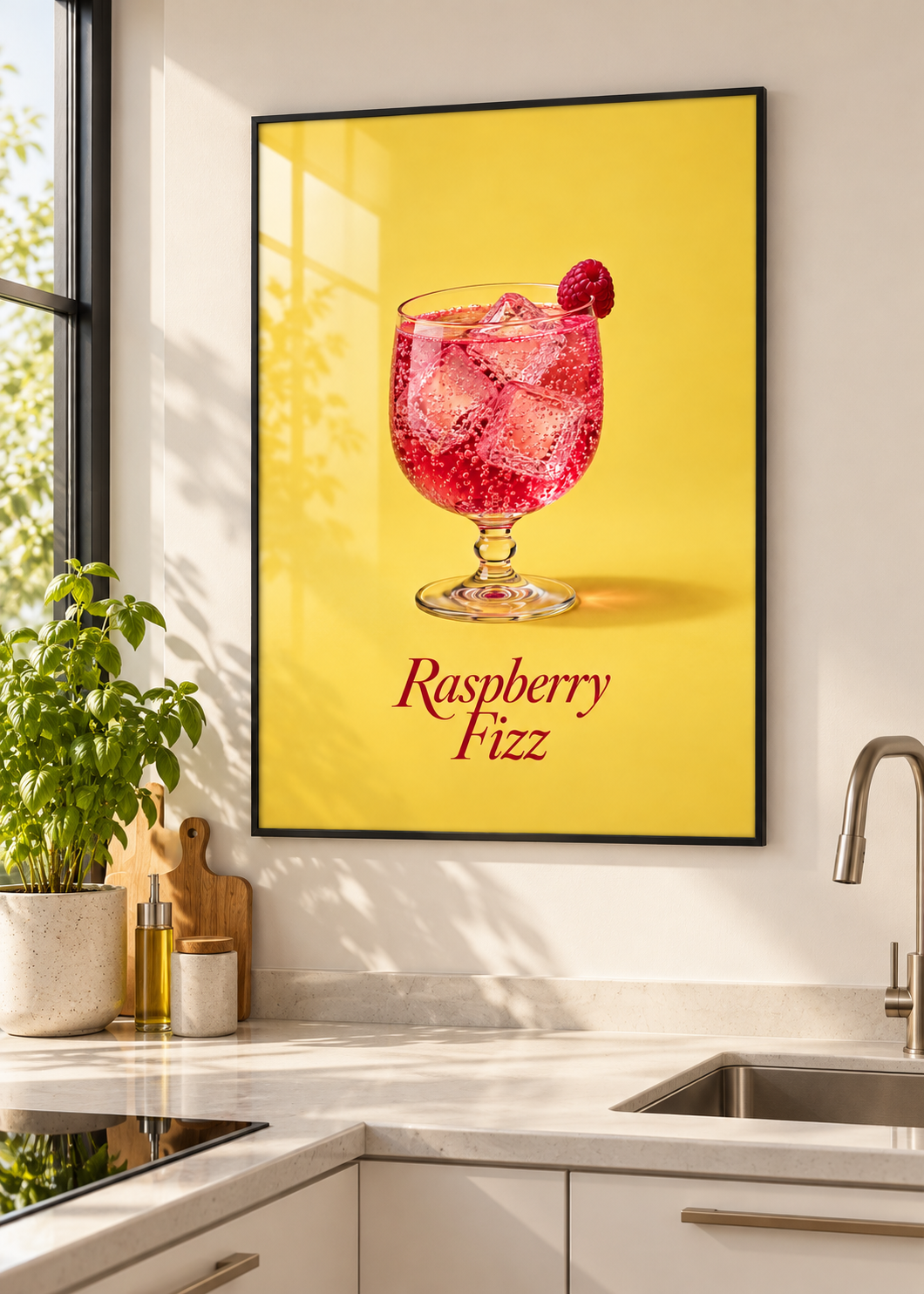 Raspberry Fizz – Poster mit dünnem schwarzem Rahmen und Glas in moderner Küche