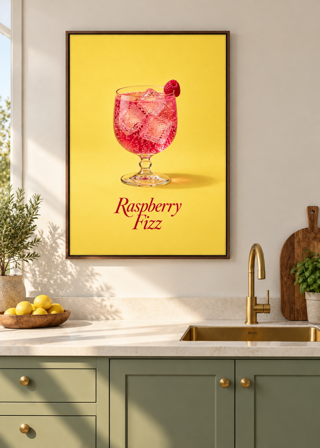Raspberry Fizz – matte Leinwand mit braunem Schattenfugenrahmen ohne Glas in moderner Küche