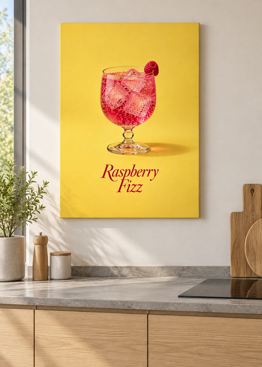 Raspberry Fizz – matte rahmenlose Slim-Leinwand ohne Glas in moderner Küche
