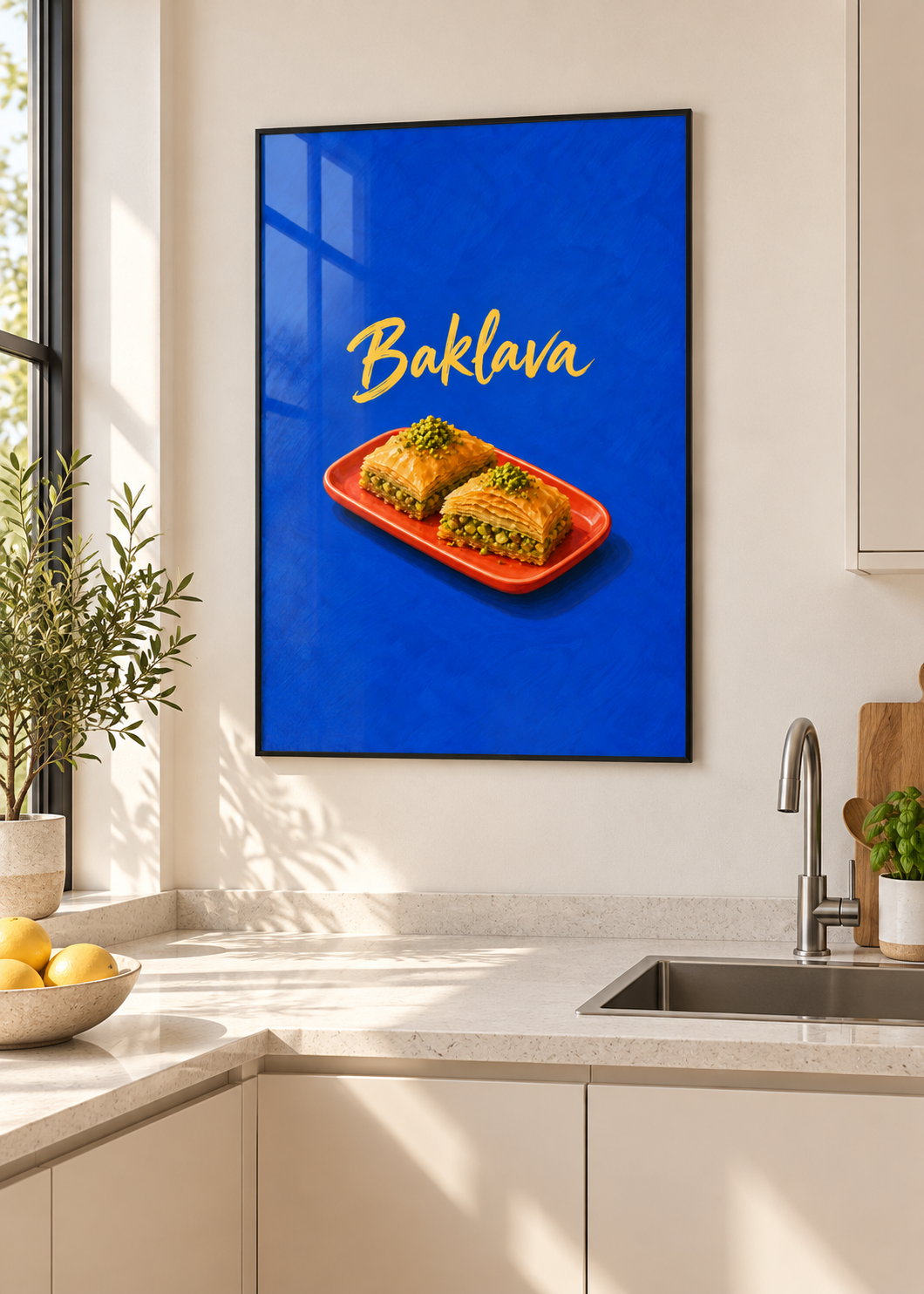 Baklava – Poster mit dünnem schwarzem Rahmen und Glas in moderner Küche