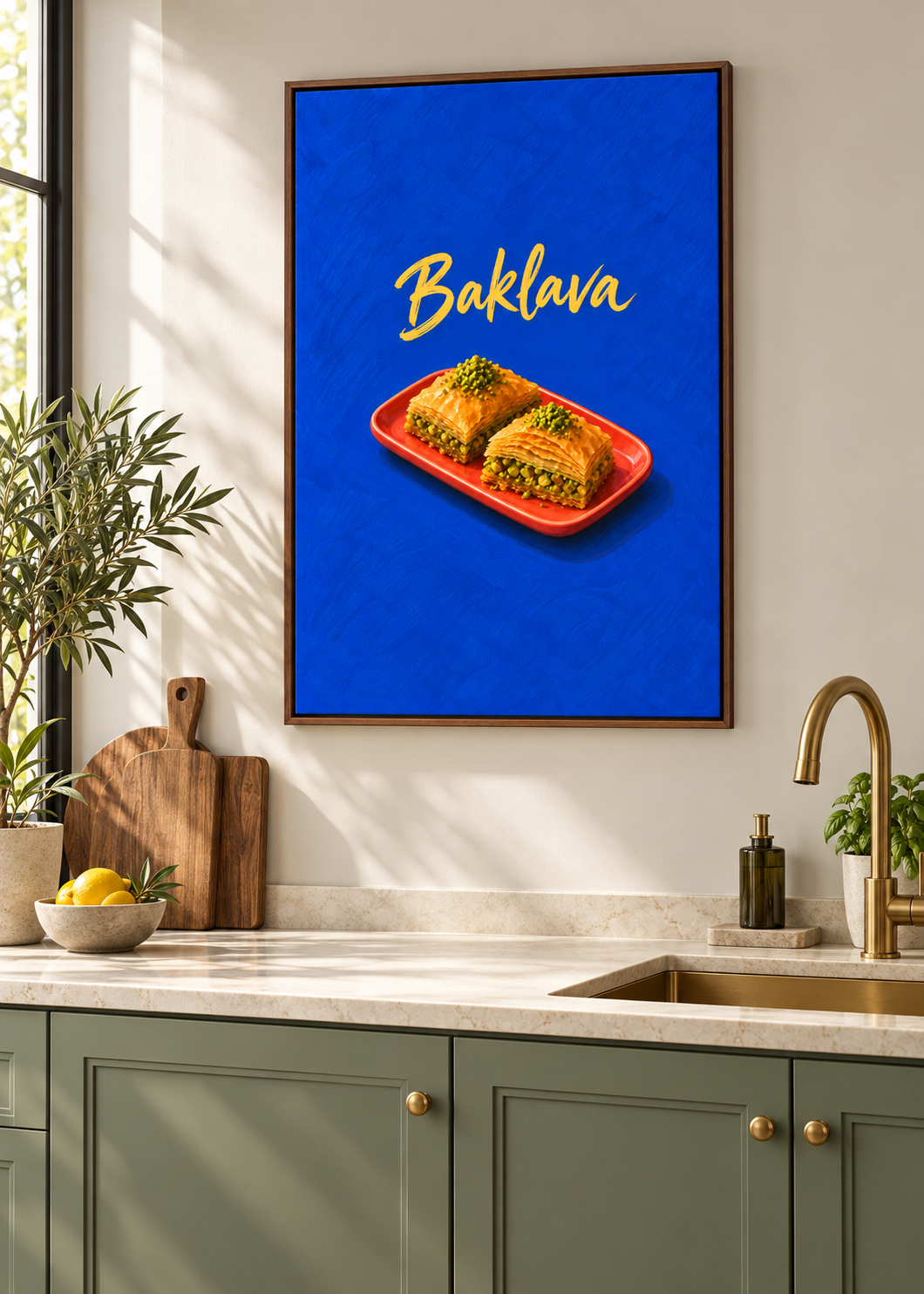 Baklava – matte Leinwand mit braunem Schattenfugenrahmen ohne Glas in moderner Küche