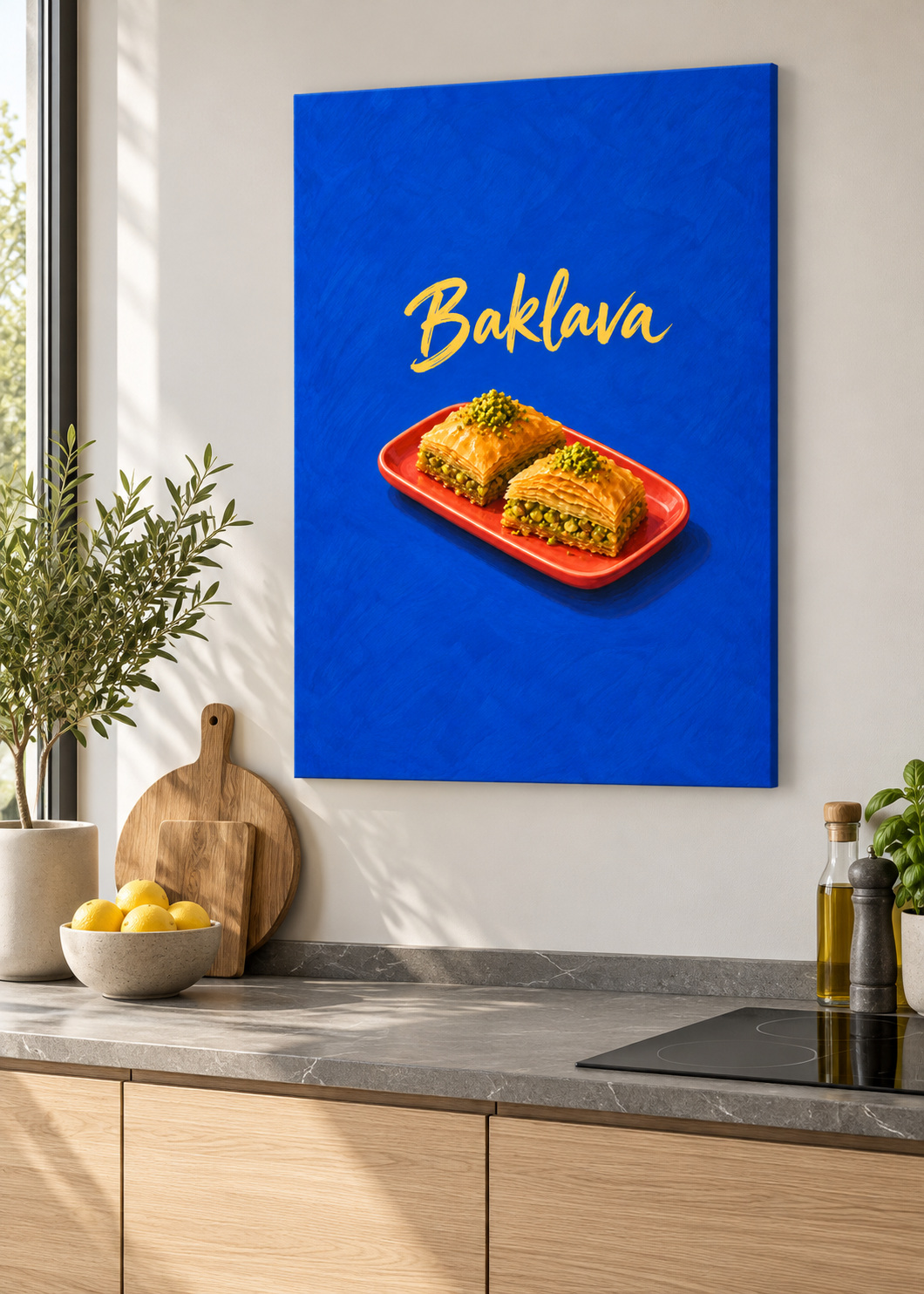Baklava – matte rahmenlose Slim-Leinwand ohne Glas in moderner Küche