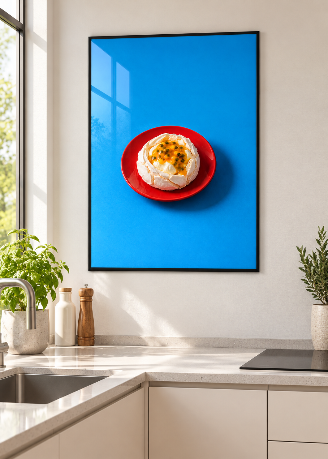 Pavlova – Poster mit dünnem schwarzem Rahmen und Glas in moderner Küche