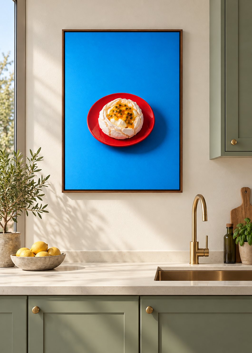 Pavlova – matte Leinwand mit braunem Schattenfugenrahmen ohne Glas in moderner Küche
