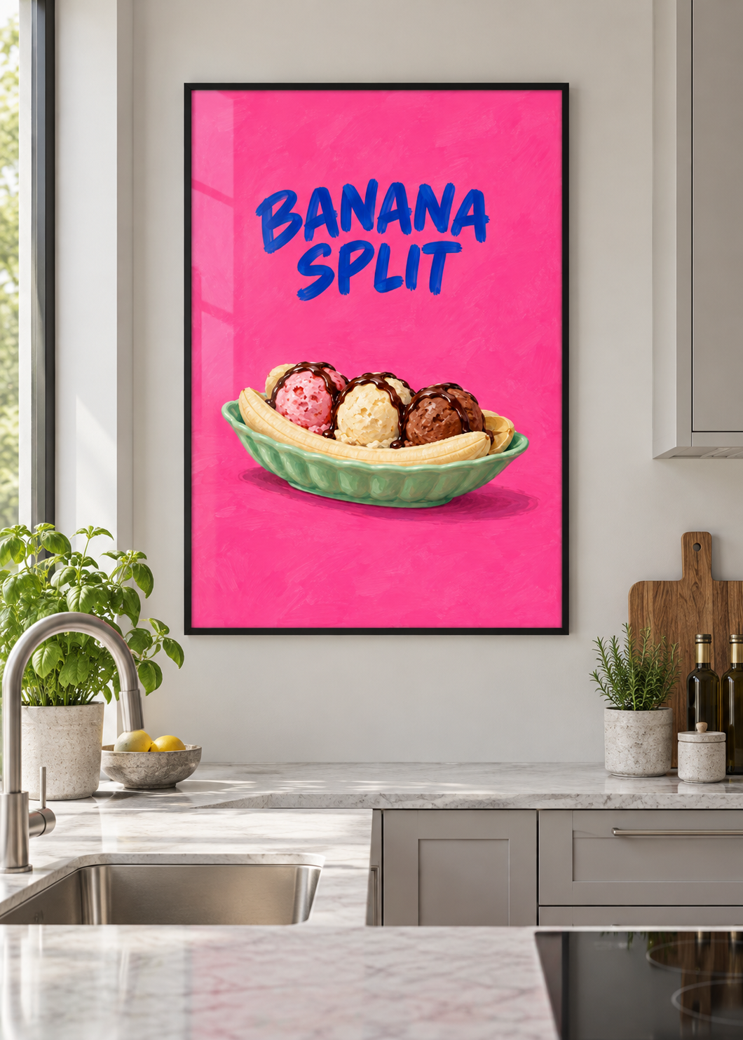 Banana Split Küchenkunstdruck im dünnen schwarzen Rahmen mit Glas