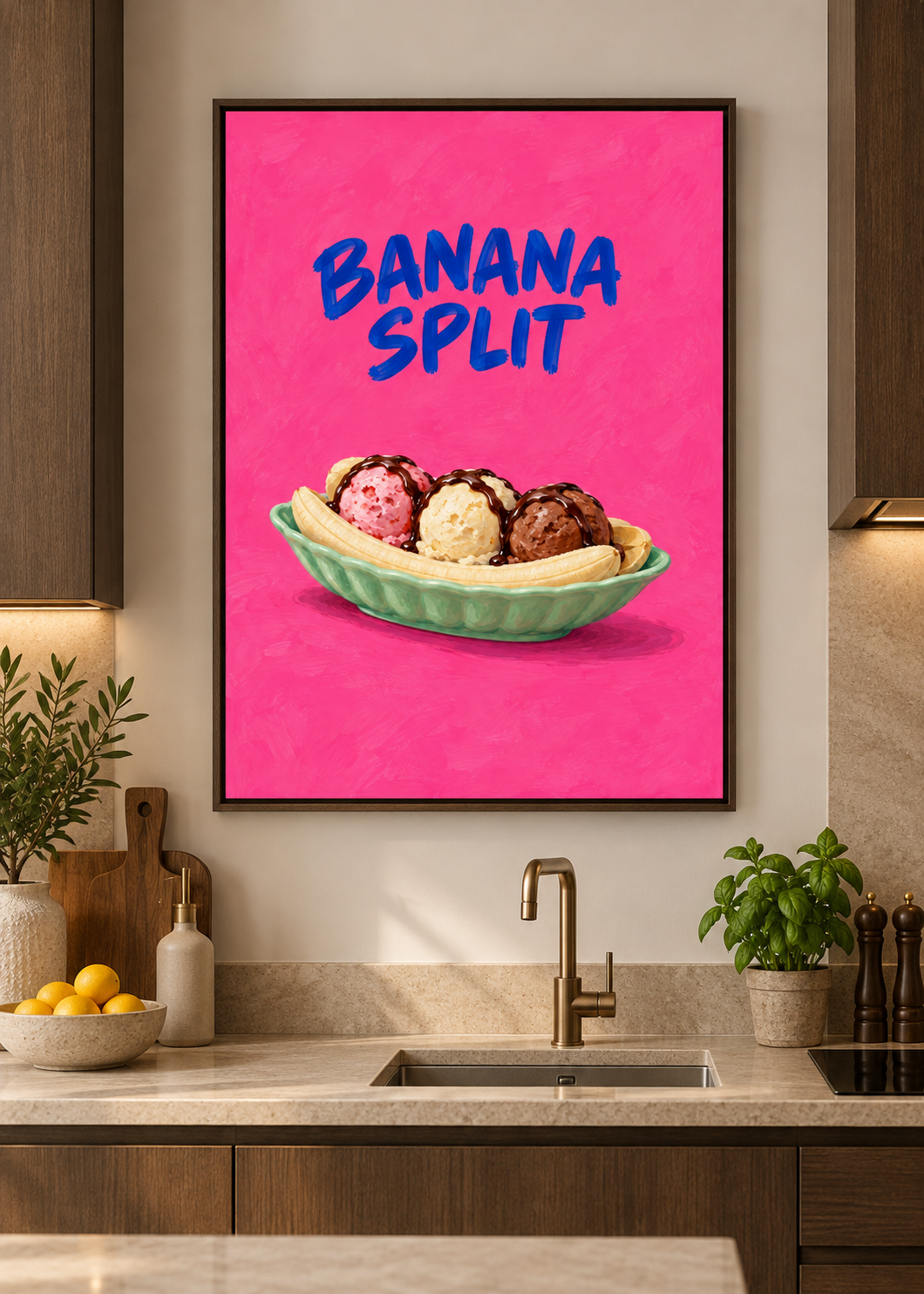 Banana Split Küchenkunstdruck als matte Leinwand im braunen Schattenfugenrahmen