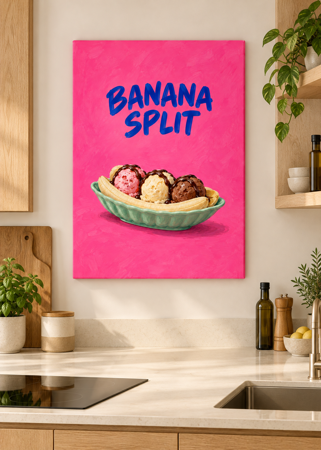 Banana Split Küchenkunstdruck als matte rahmenlose Slim-Leinwand