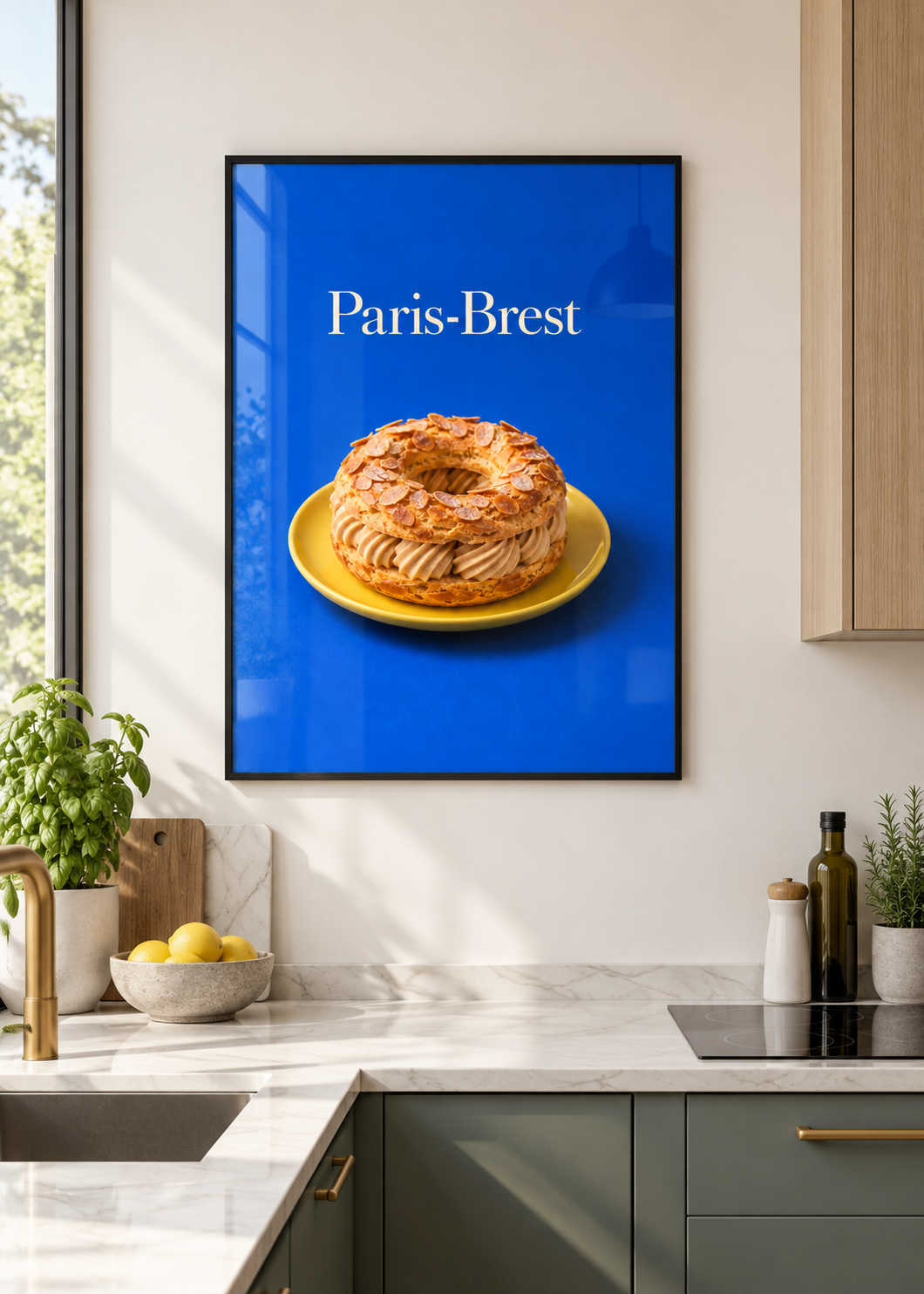 Paris-Brest Küchenkunstdruck im dünnen schwarzen Rahmen mit Glas