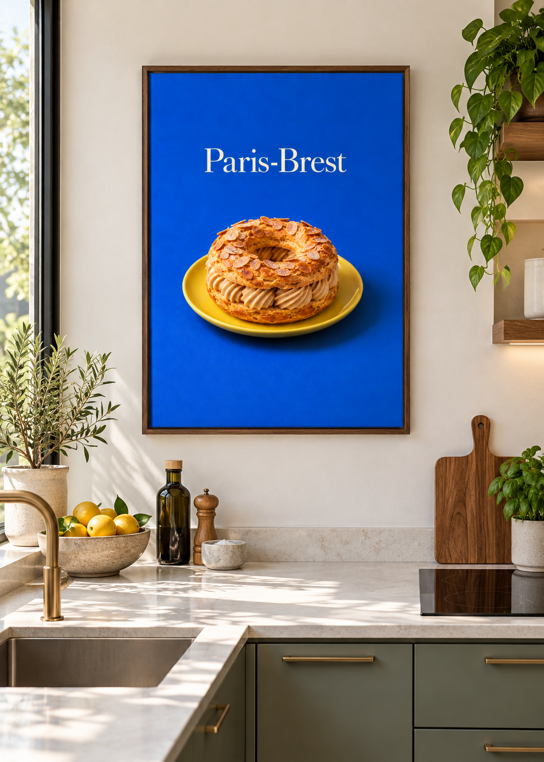 Paris-Brest Küchenkunstdruck als matte Leinwand im braunen Schattenfugenrahmen