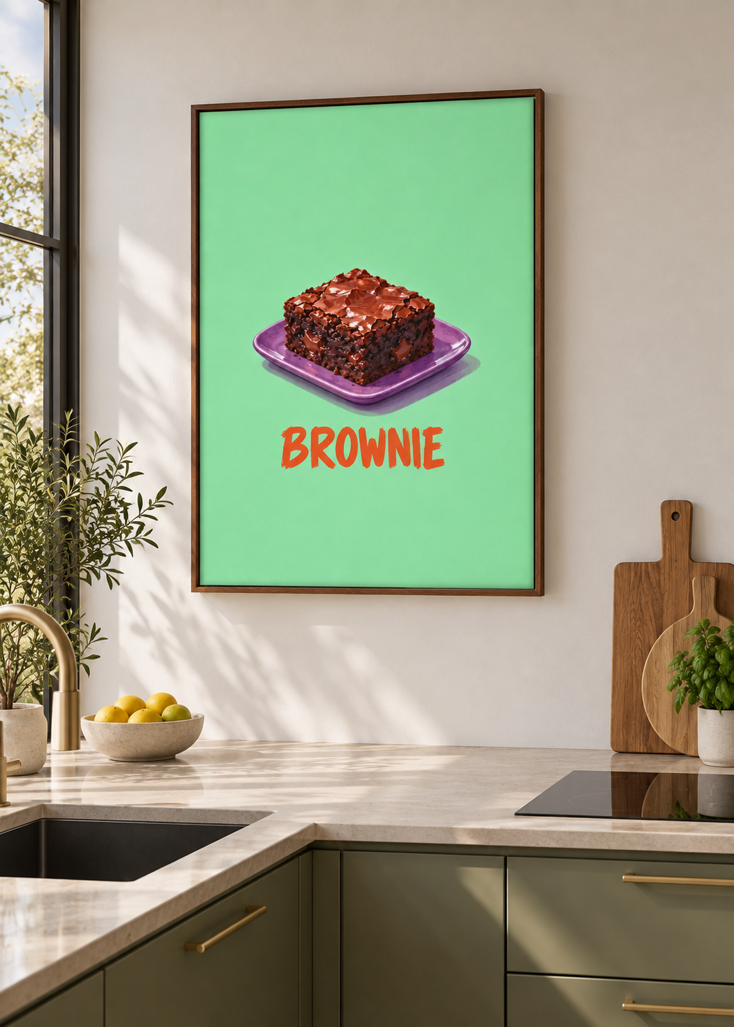 Brownie Küchenkunstdruck als matte Leinwand im braunen Schattenfugenrahmen