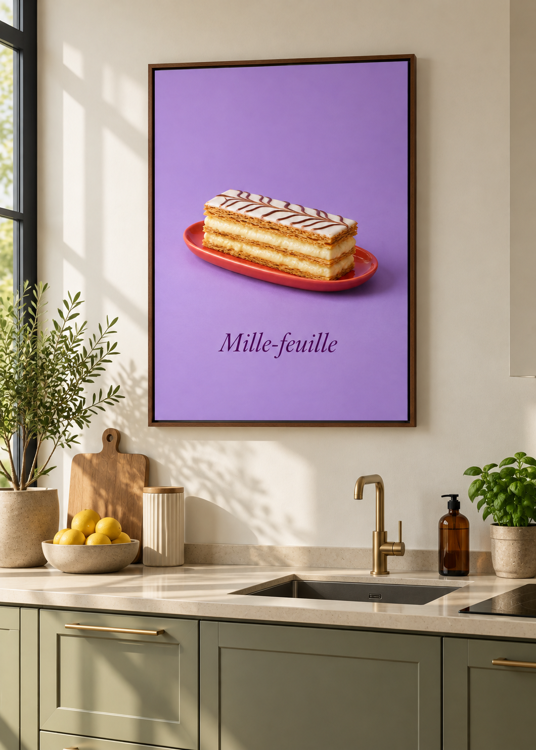 Mille-feuille als matte Leinwand im braunen Schattenfugenrahmen ohne Glas