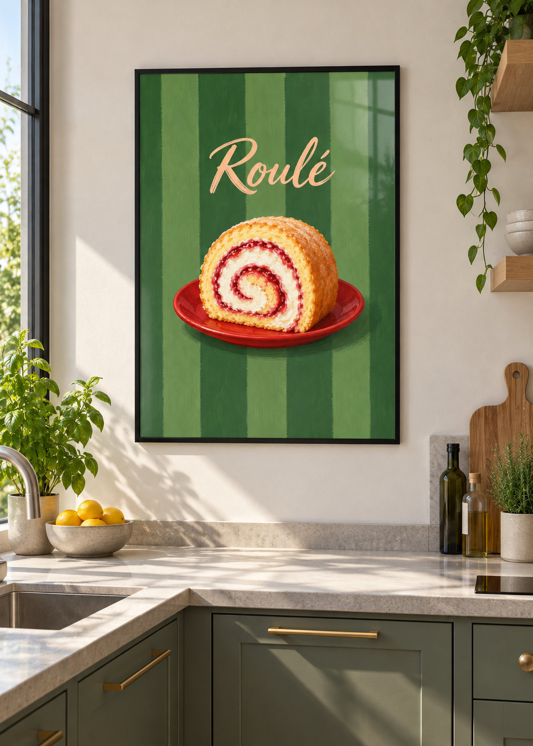 Erdbeer-Roulade im dünnen schwarzen Posterrahmen mit Glas