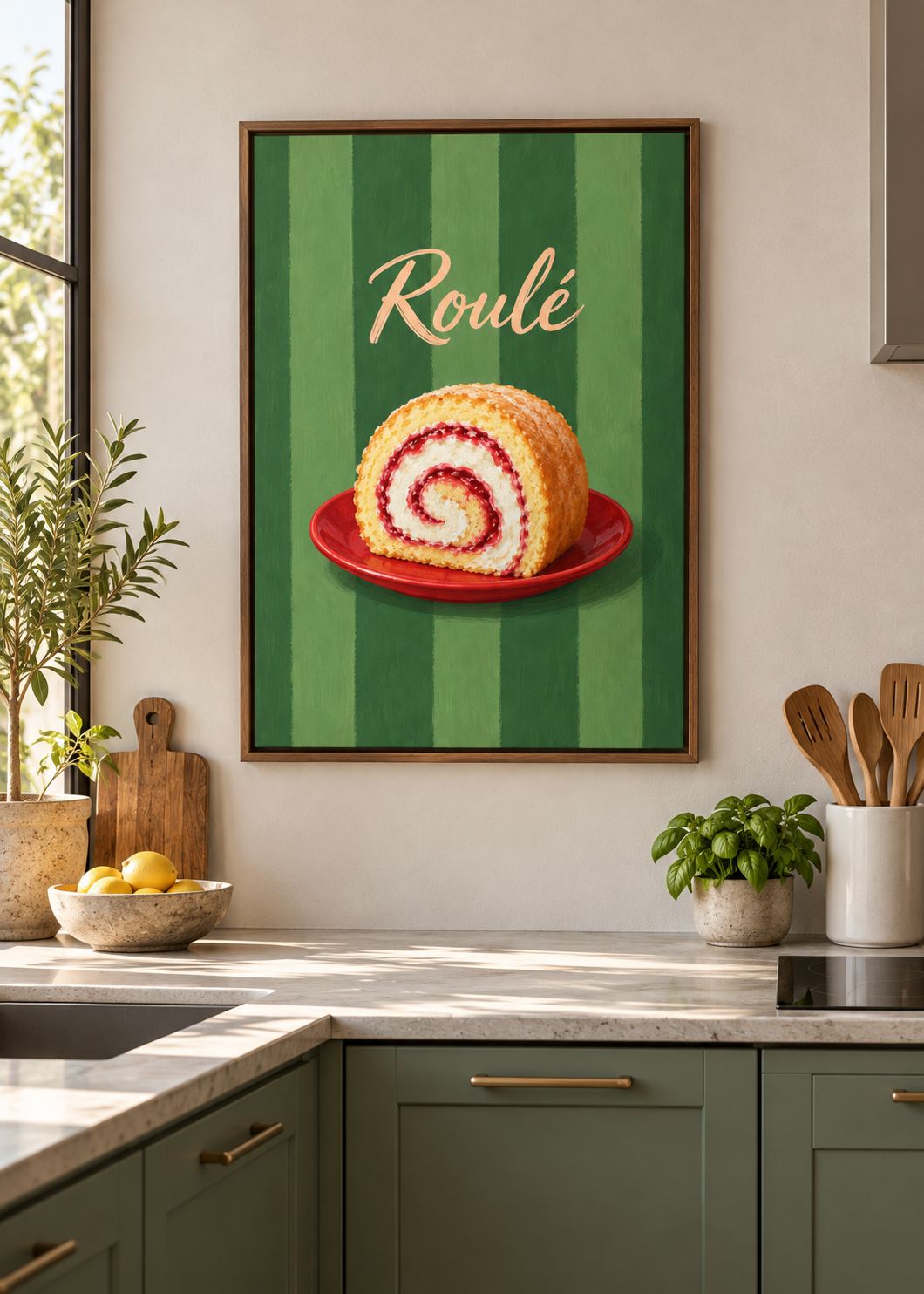 Erdbeer-Roulade als matte Leinwand im braunen Schattenfugenrahmen ohne Glas