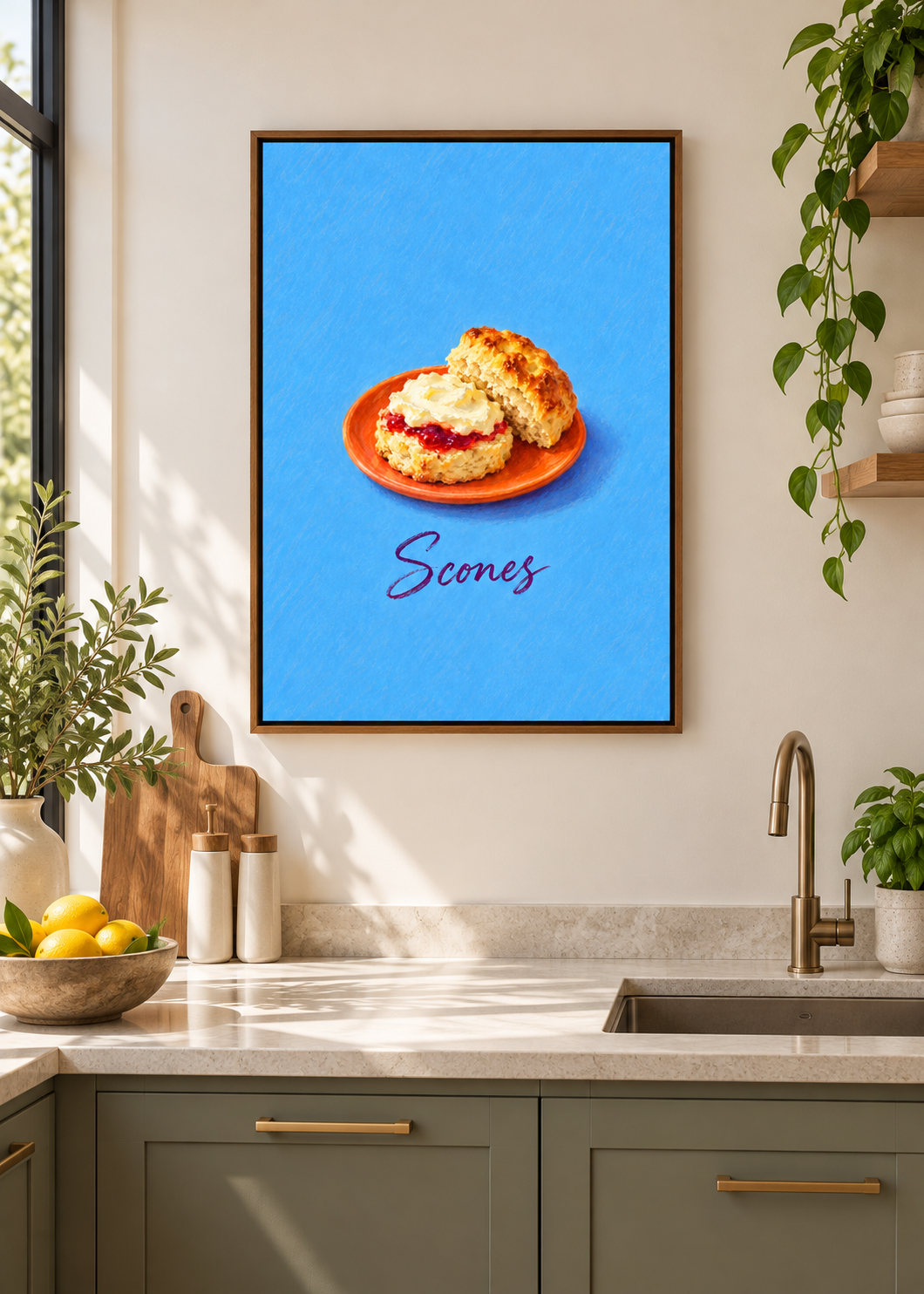 Scones als matte Leinwand im braunen Schattenfugenrahmen ohne Glas