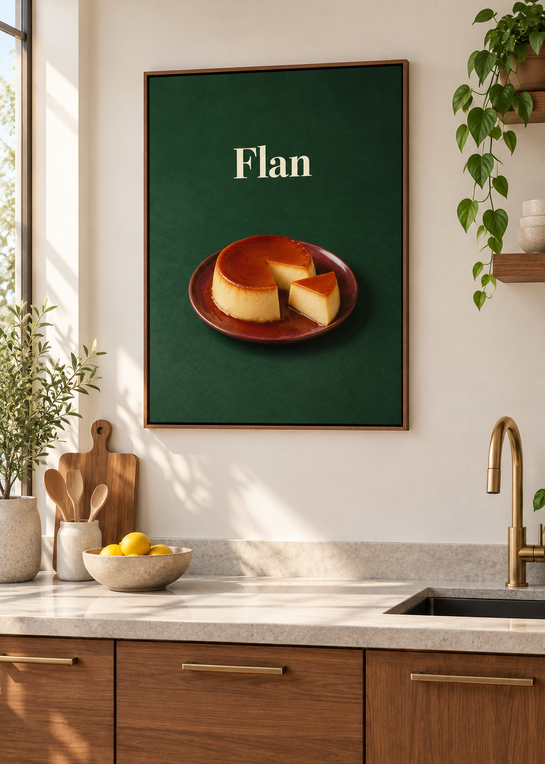 Flan als matte Leinwand im braunen Schattenfugenrahmen ohne Glas