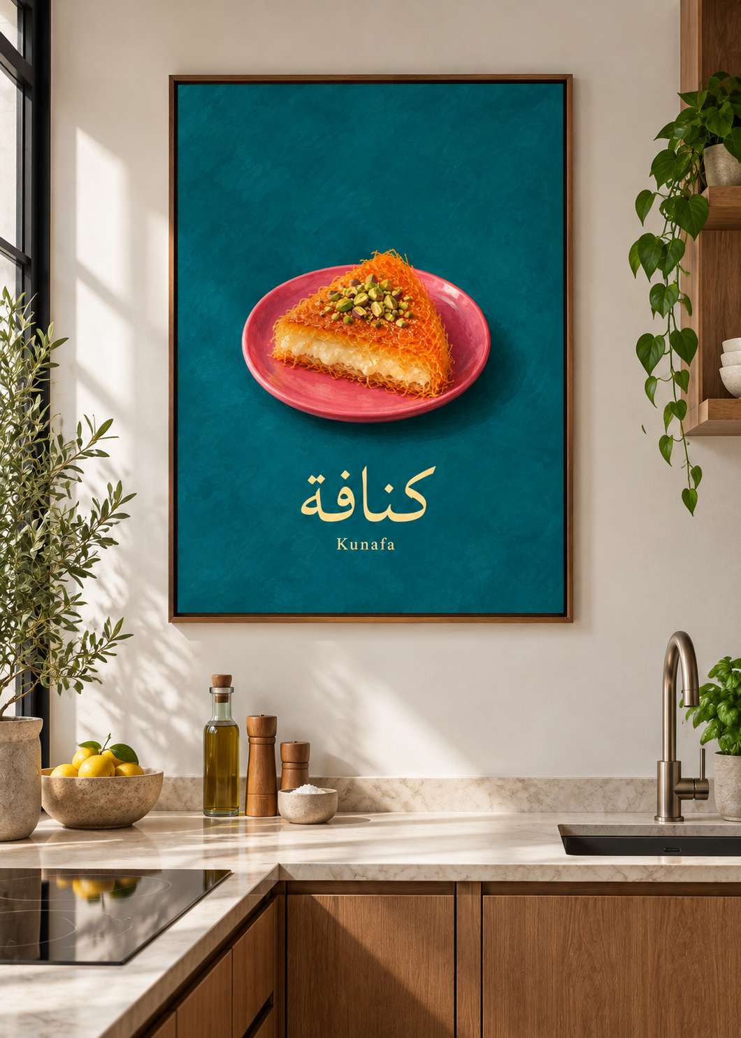 Kunafa als matte Leinwand im braunen Schattenfugenrahmen ohne Glas