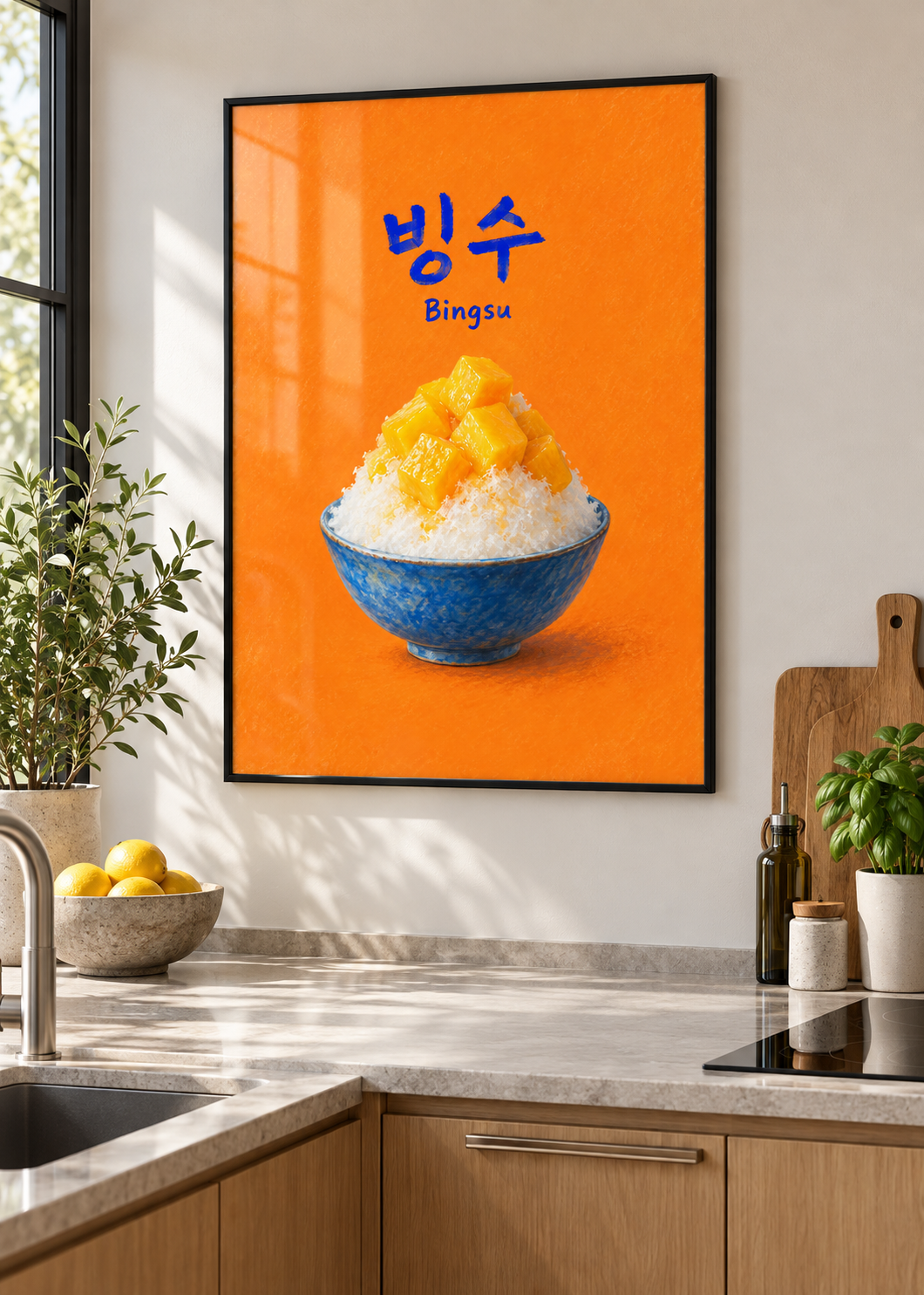 Mango-Bingsu im dünnen schwarzen Posterrahmen mit Glas