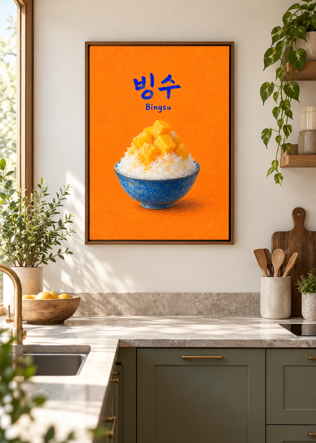 Mango-Bingsu als matte Leinwand im braunen Schattenfugenrahmen ohne Glas