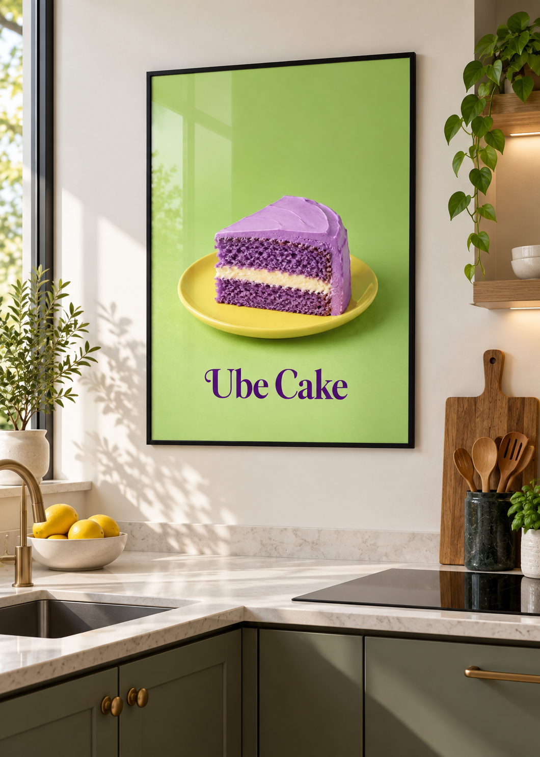 Ube-Kuchen im dünnen schwarzen Posterrahmen mit Glas
