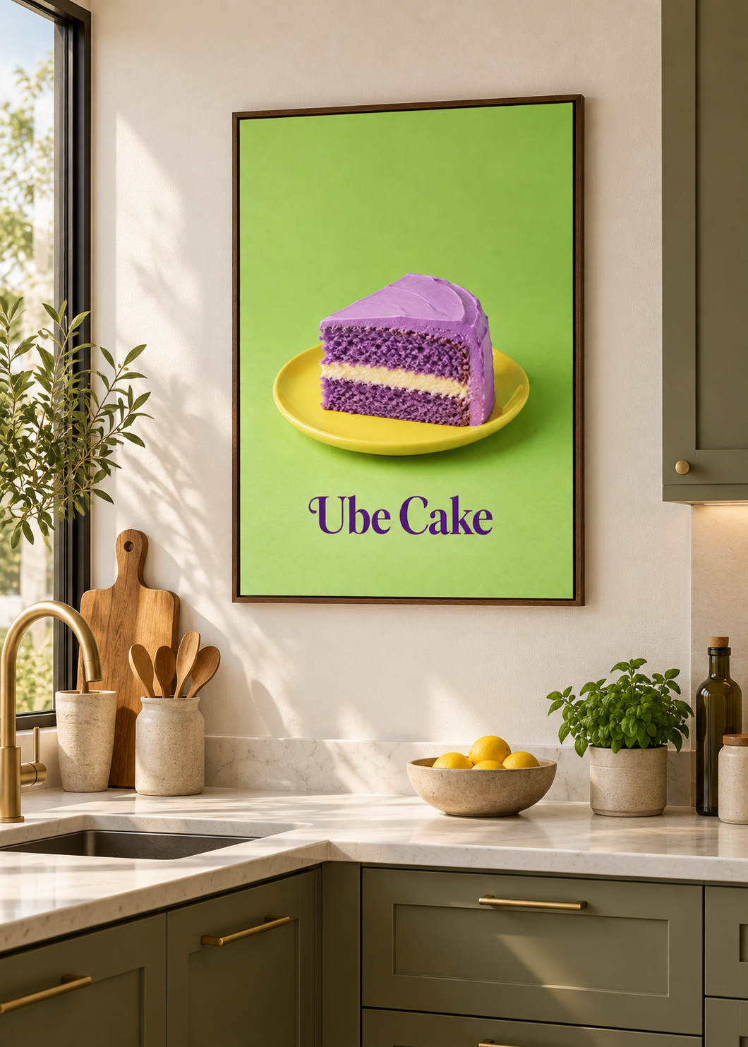 Ube-Kuchen als matte Leinwand im braunen Schattenfugenrahmen ohne Glas