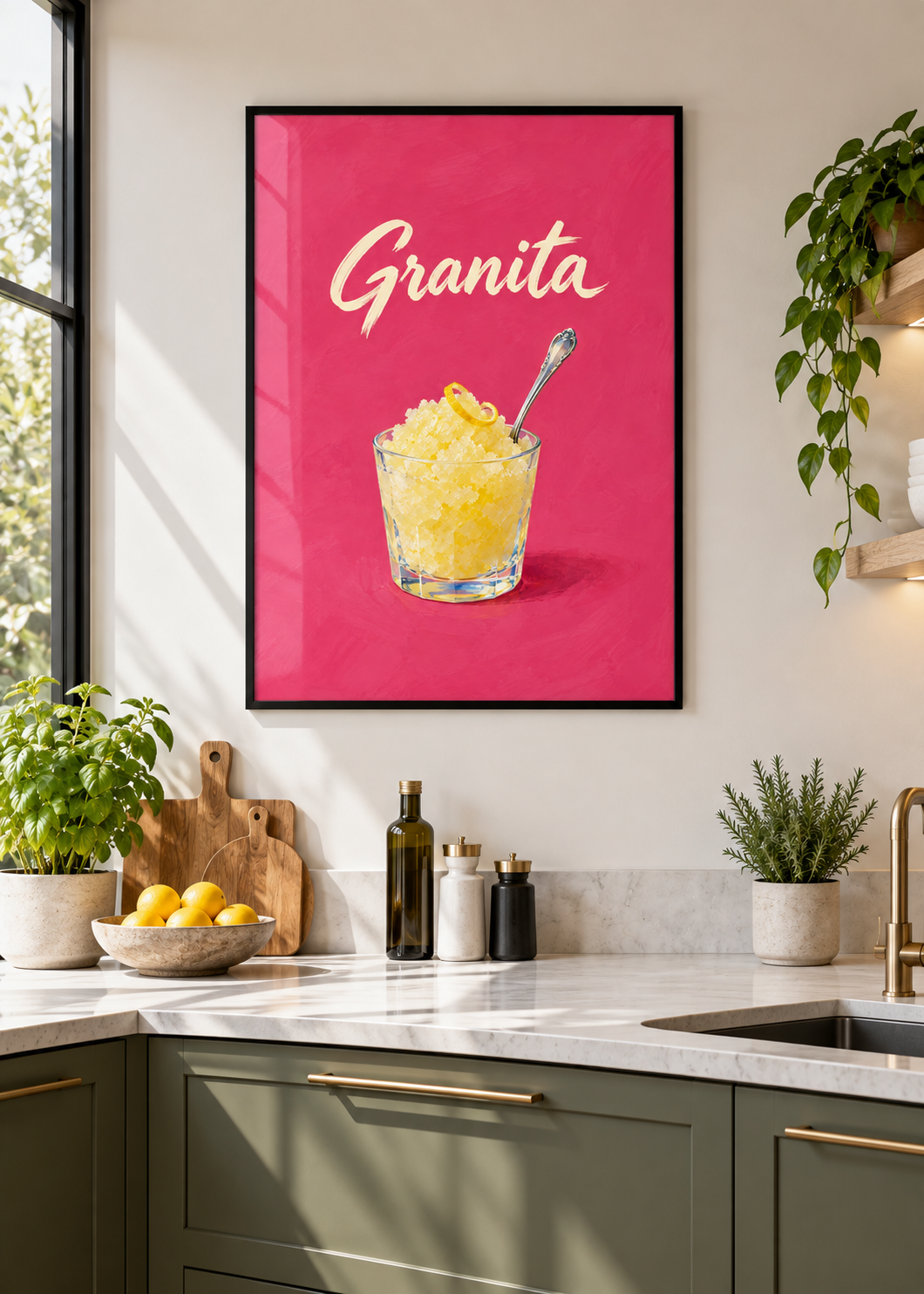 Zitronengranita im dünnen schwarzen Posterrahmen mit Glas