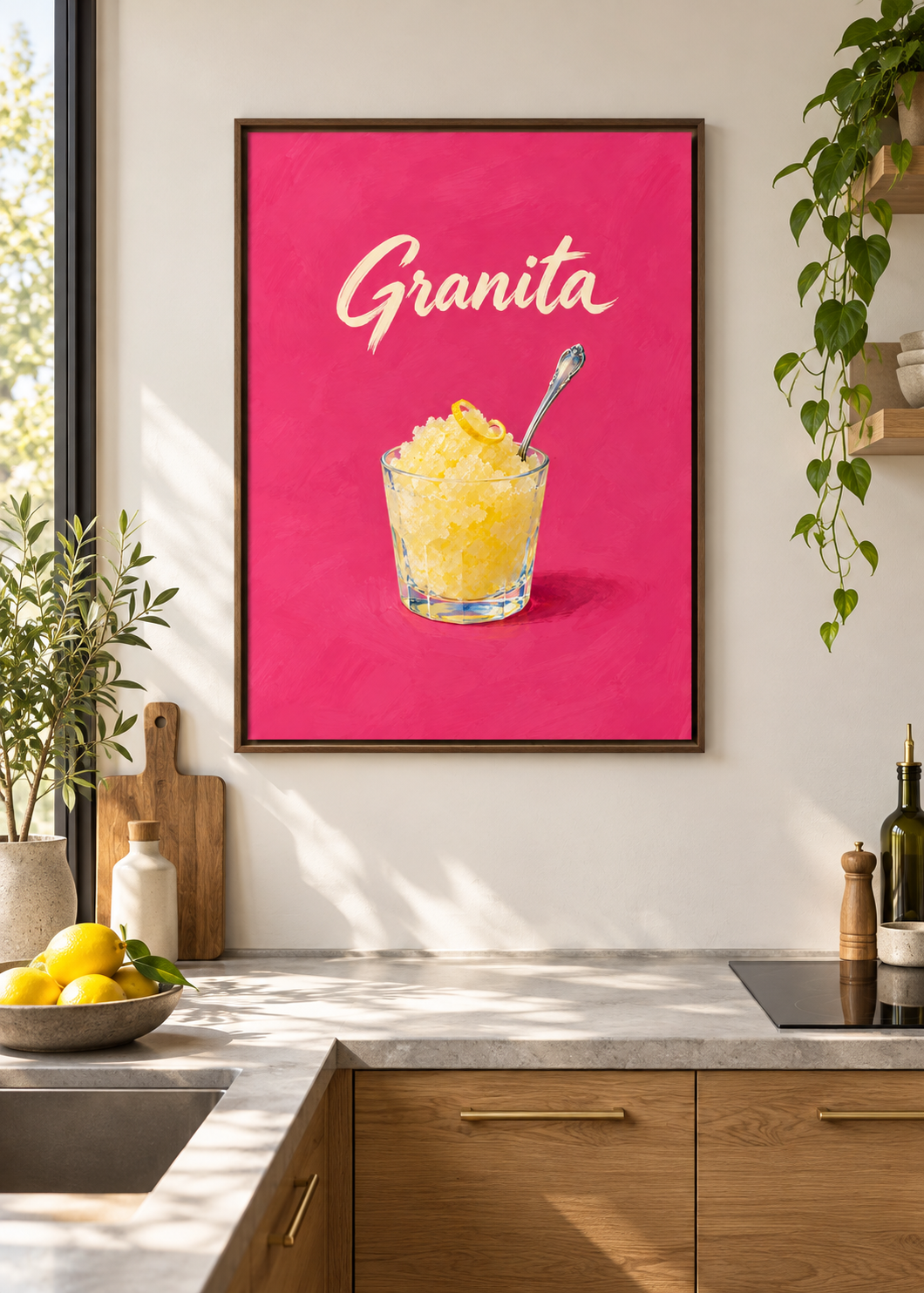 Zitronengranita als matte Leinwand im braunen Schattenfugenrahmen ohne Glas