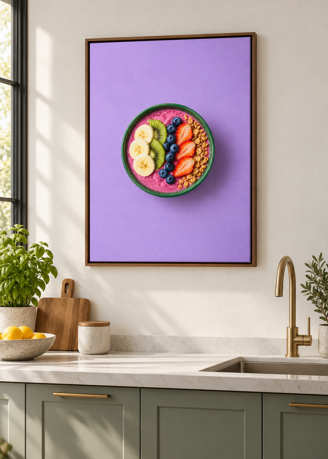 Beeren-Smoothie-Bowl als matte Leinwand im braunen Schattenfugenrahmen ohne Glas