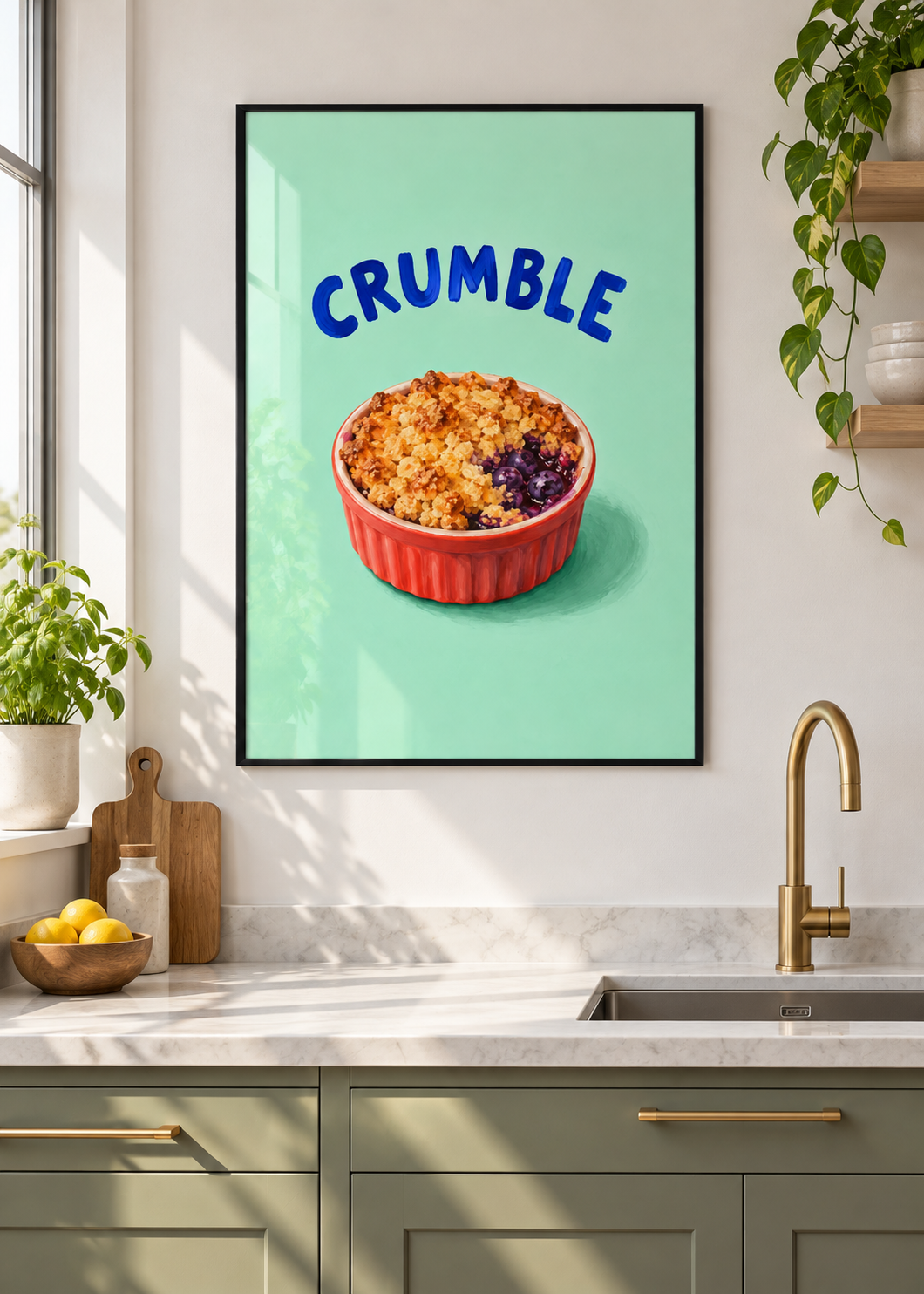 Blaubeer-Crumble im dünnen schwarzen Posterrahmen mit Glas
