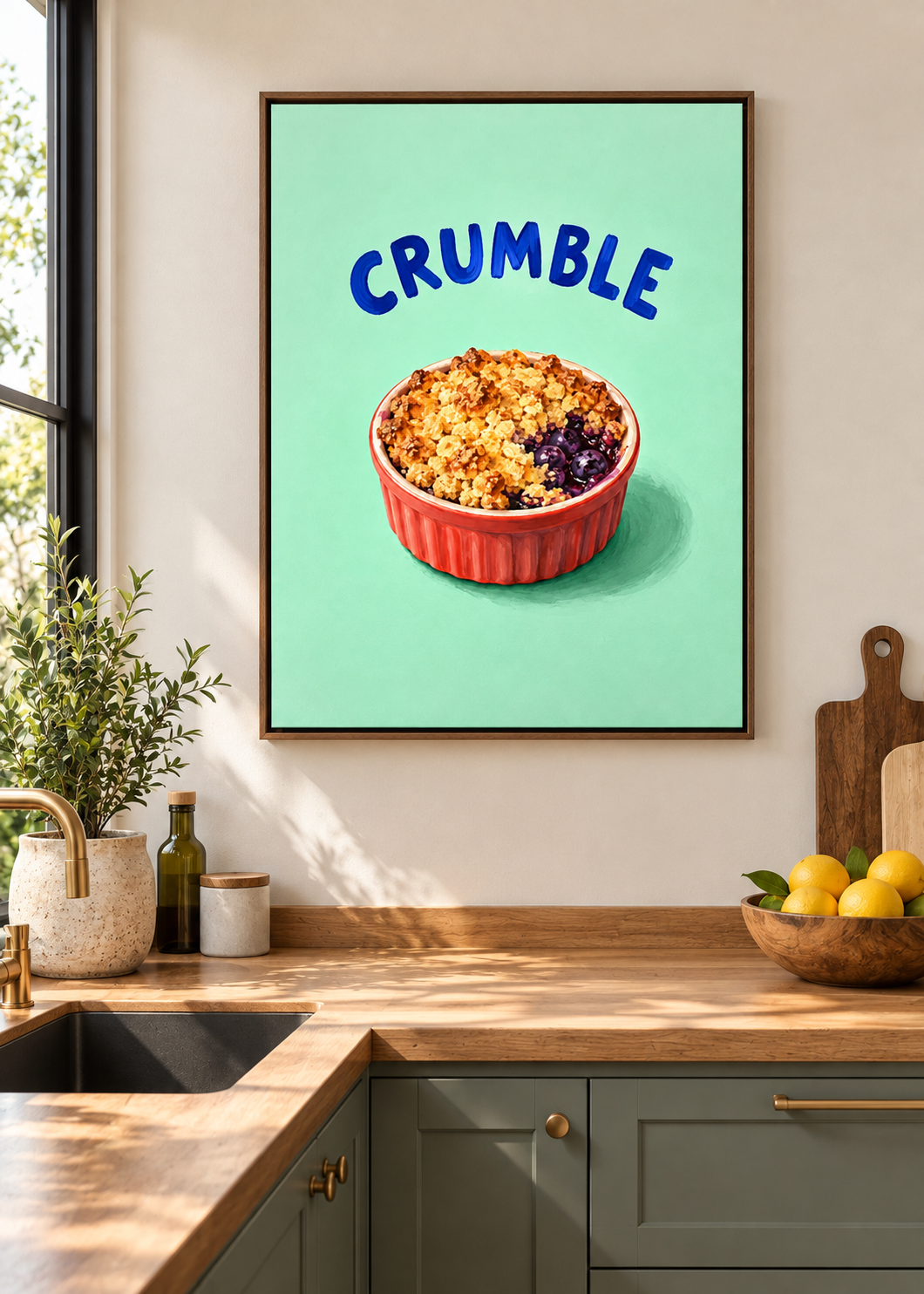 Blaubeer-Crumble als matte Leinwand im braunen Schattenfugenrahmen ohne Glas