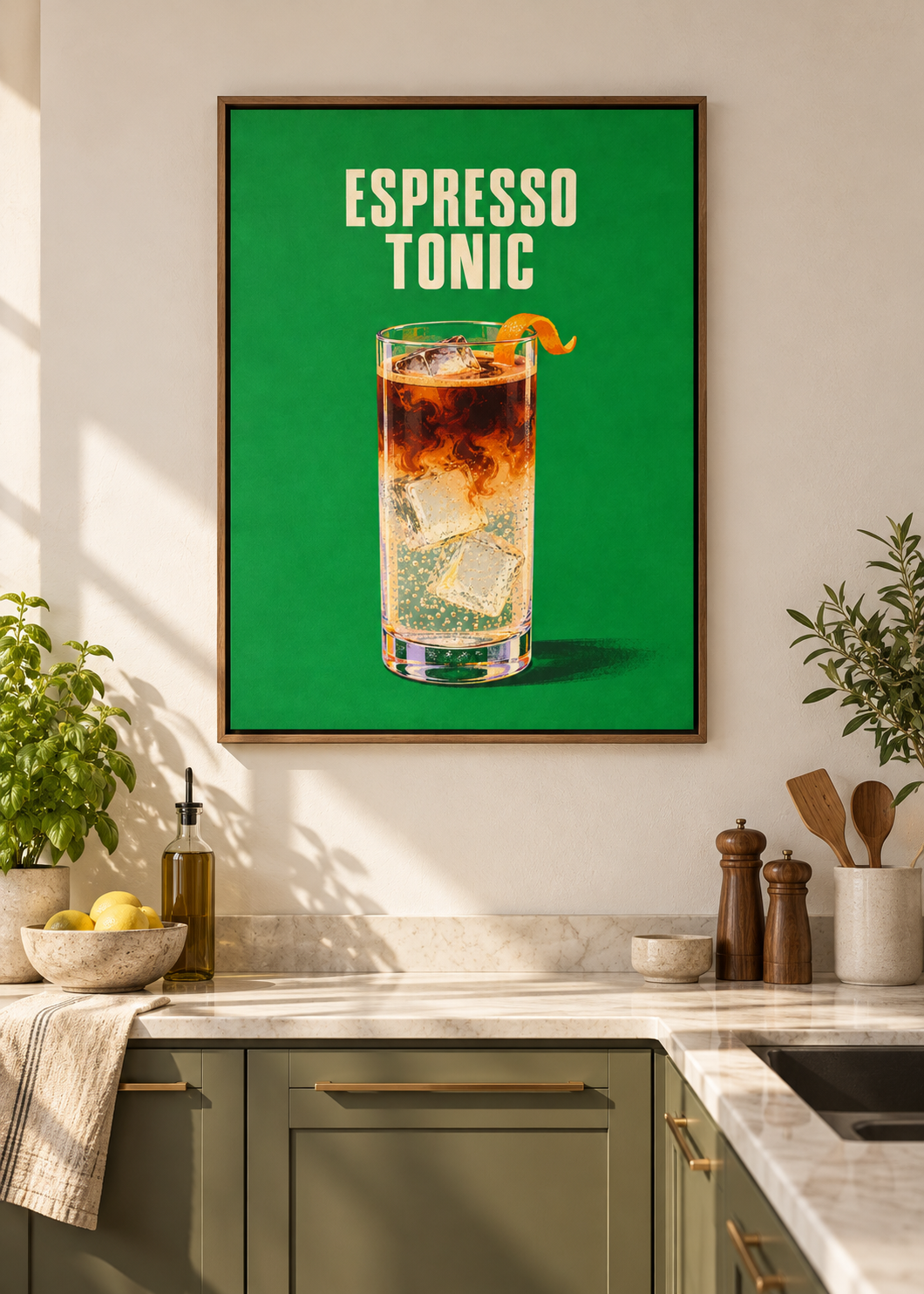 Espresso Tonic als matte Leinwand im braunen Schattenfugenrahmen ohne Glas