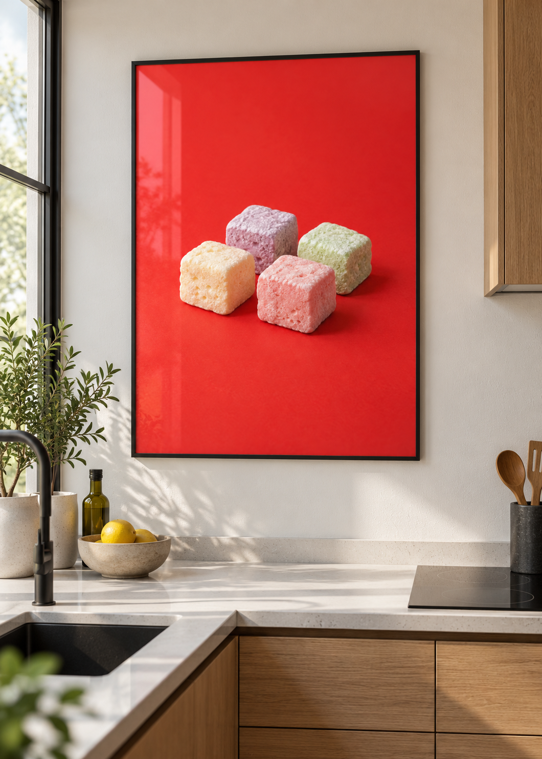 Marshmallows im dünnen schwarzen Posterrahmen mit Glas