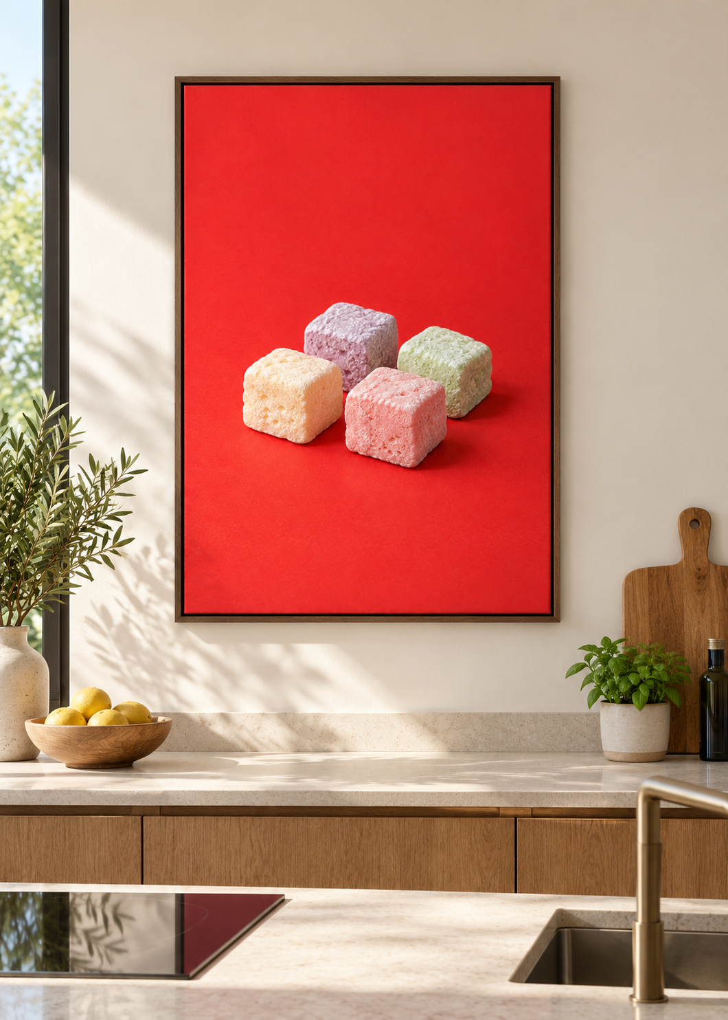 Marshmallows als matte Leinwand im braunen Schattenfugenrahmen ohne Glas