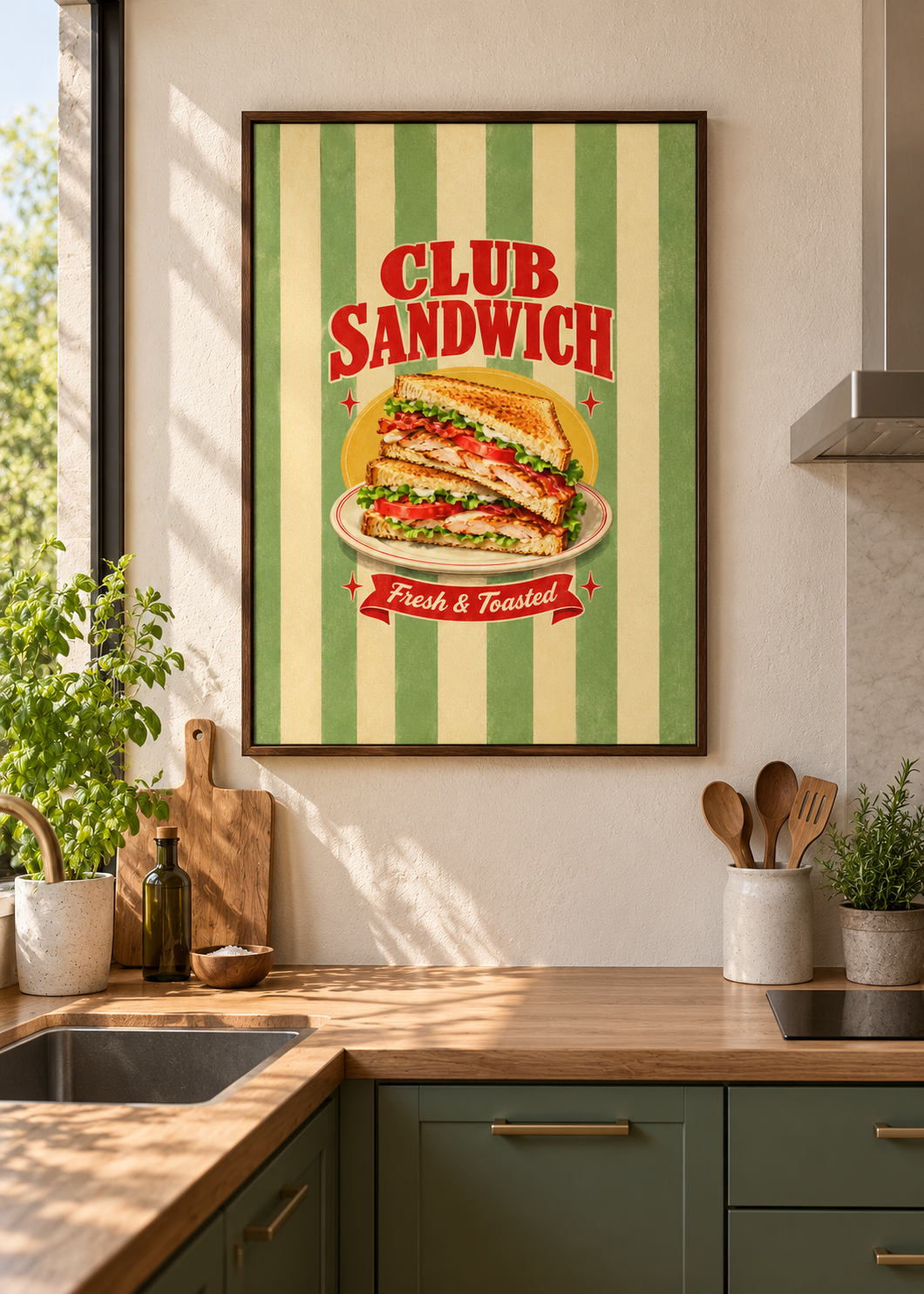 Club-Sandwich als matte Leinwand im braunen Schattenfugenrahmen ohne Glas