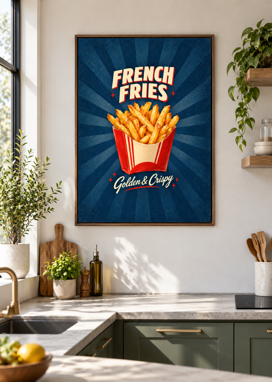 Pommes als matte Leinwand im braunen Schattenfugenrahmen ohne Glas