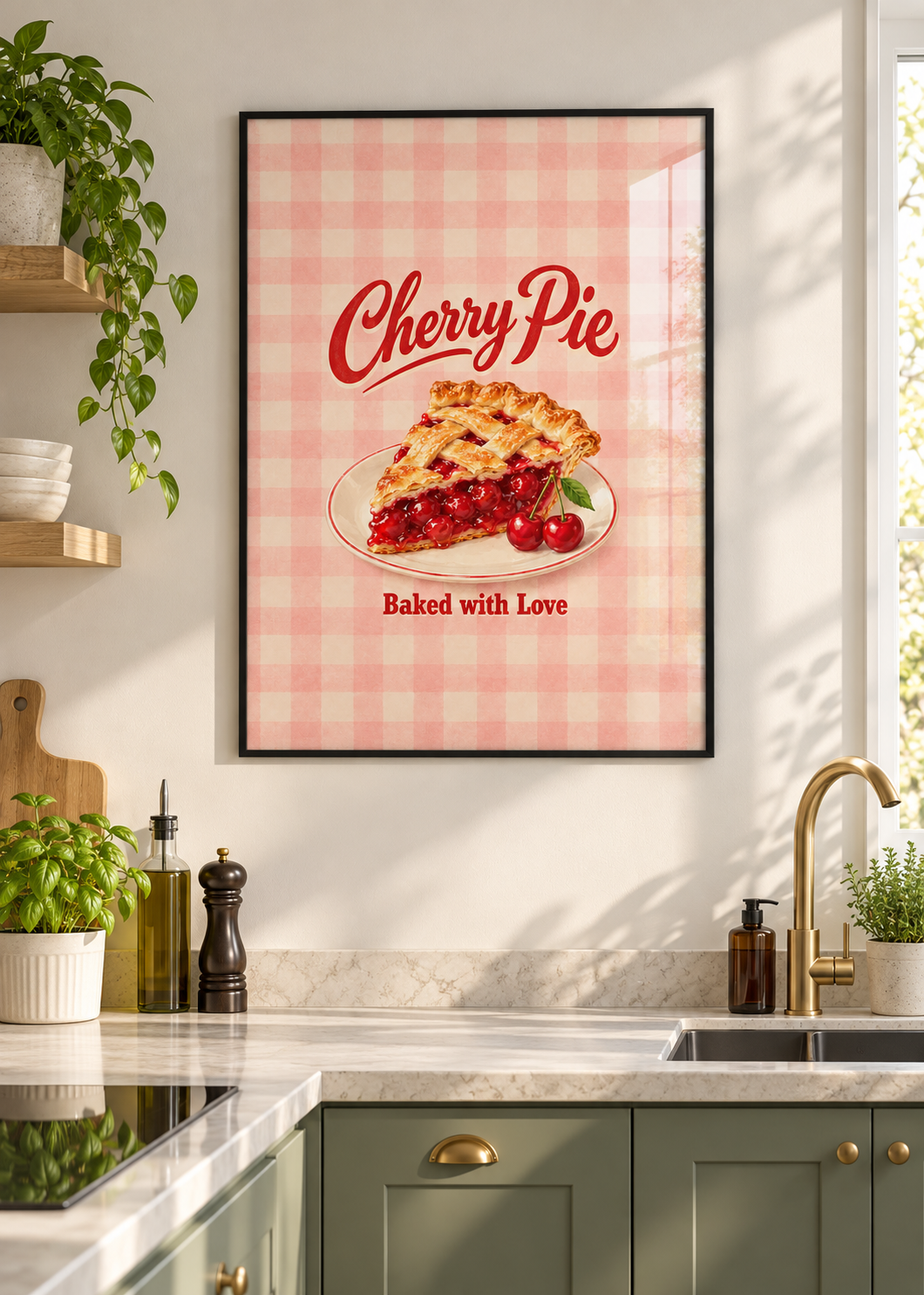 Kirschkuchen im dünnen schwarzen Posterrahmen mit Glas