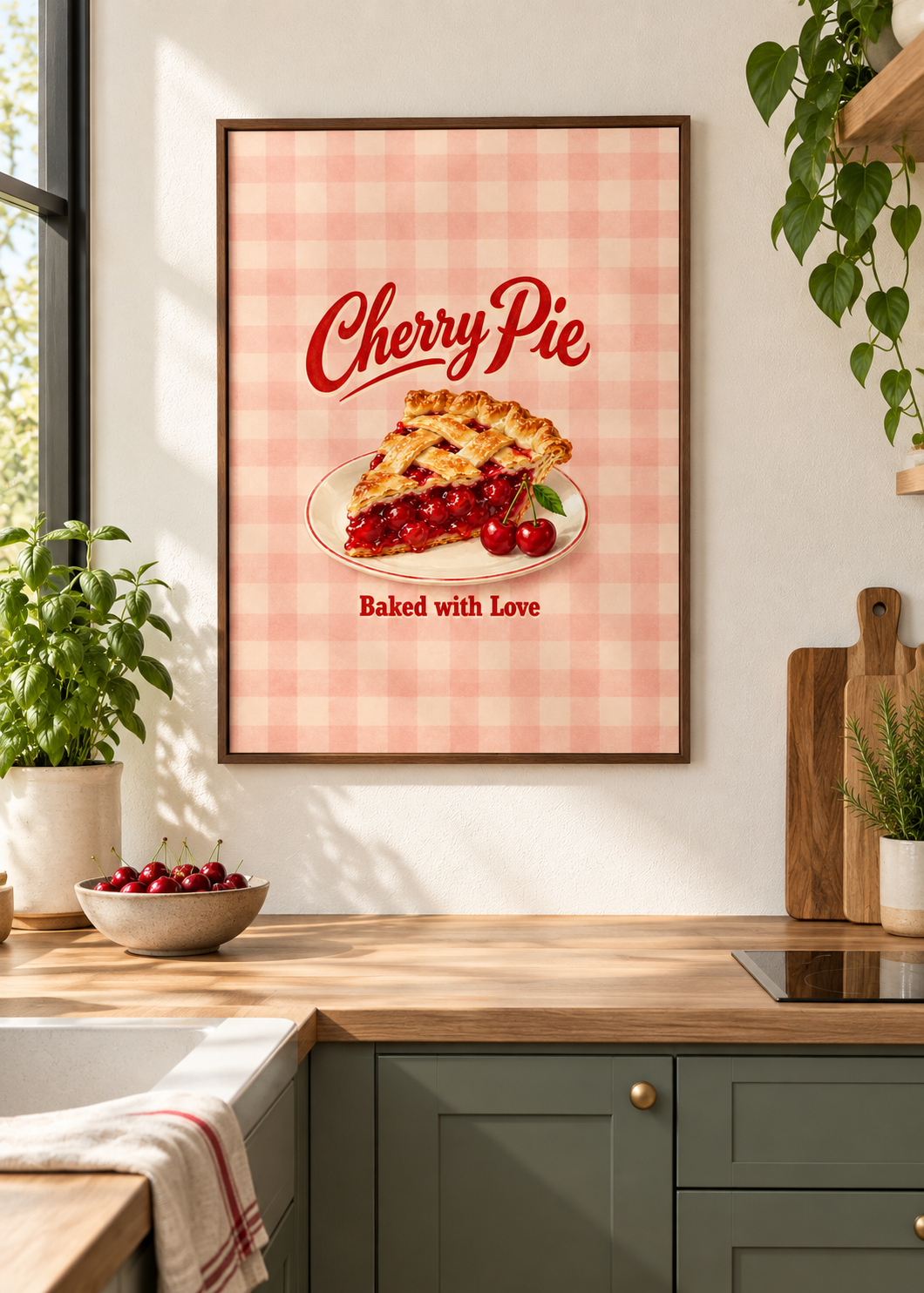 Kirschkuchen als matte Leinwand im braunen Schattenfugenrahmen ohne Glas