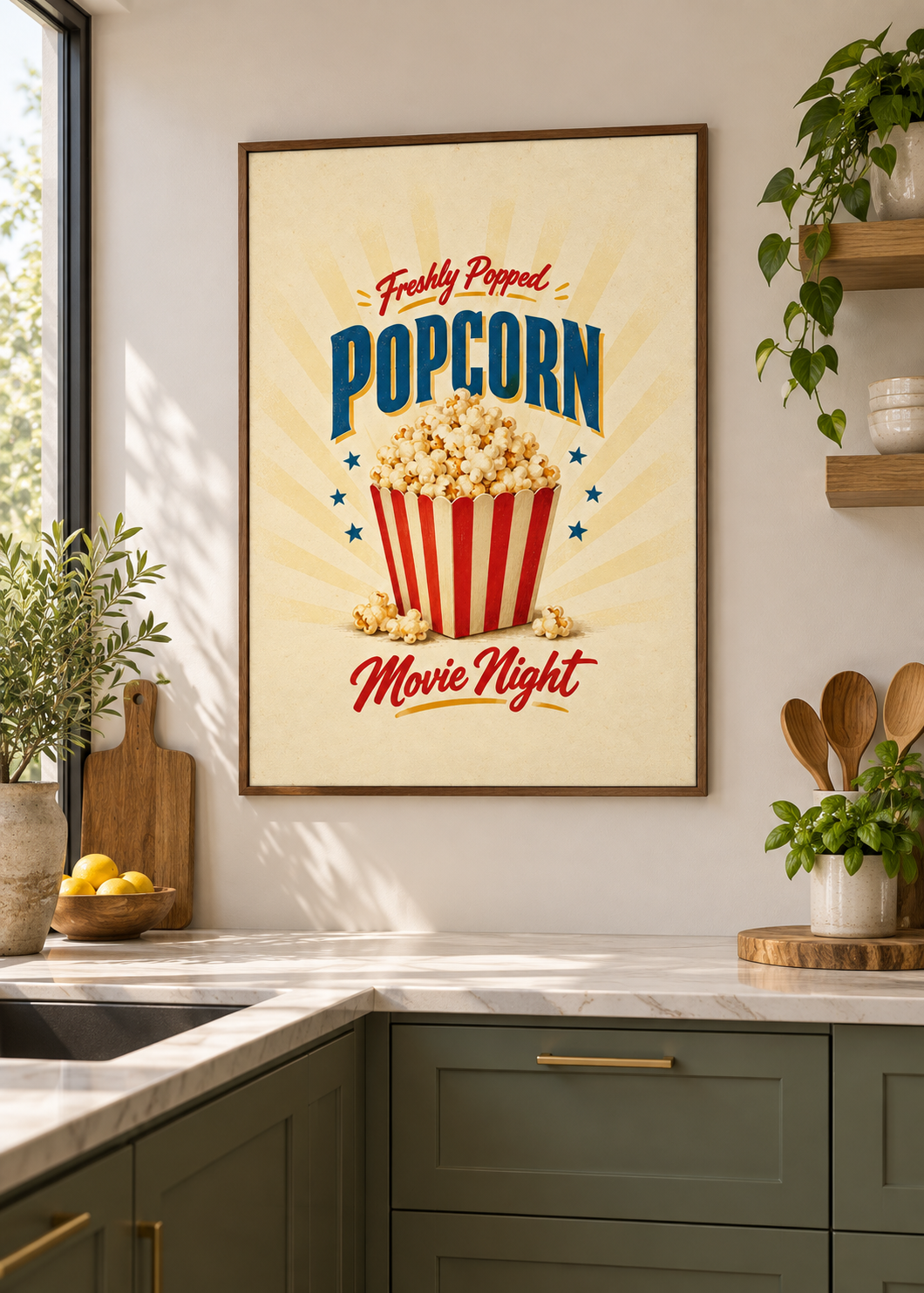 Popcorn als matte Leinwand im braunen Schattenfugenrahmen ohne Glas