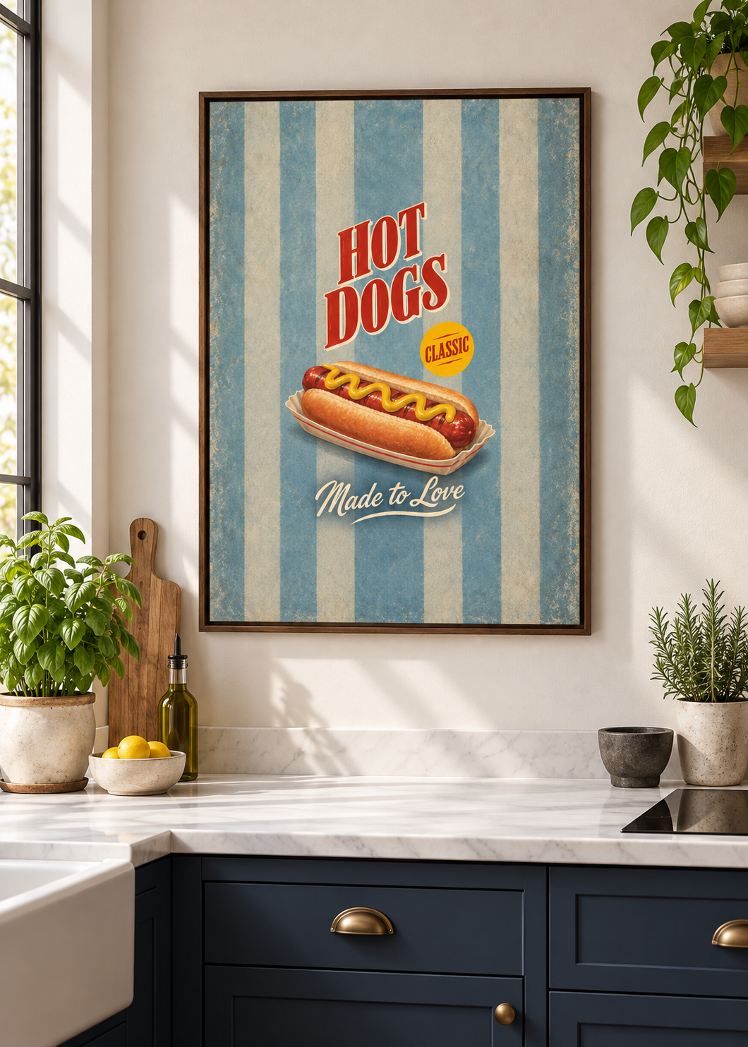Hot Dog als matte Leinwand im braunen Schattenfugenrahmen ohne Glas