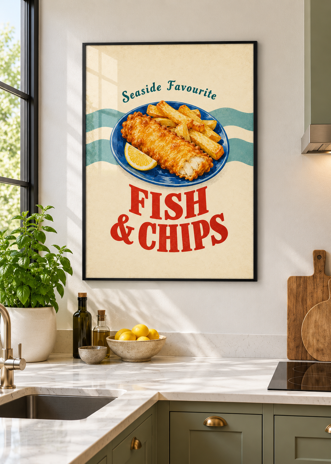 Fish & Chips im dünnen schwarzen Posterrahmen mit Glas