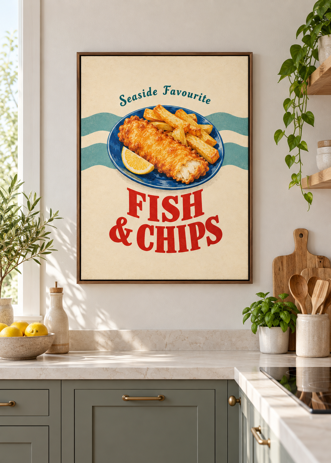Fish & Chips als matte Leinwand im braunen Schattenfugenrahmen ohne Glas