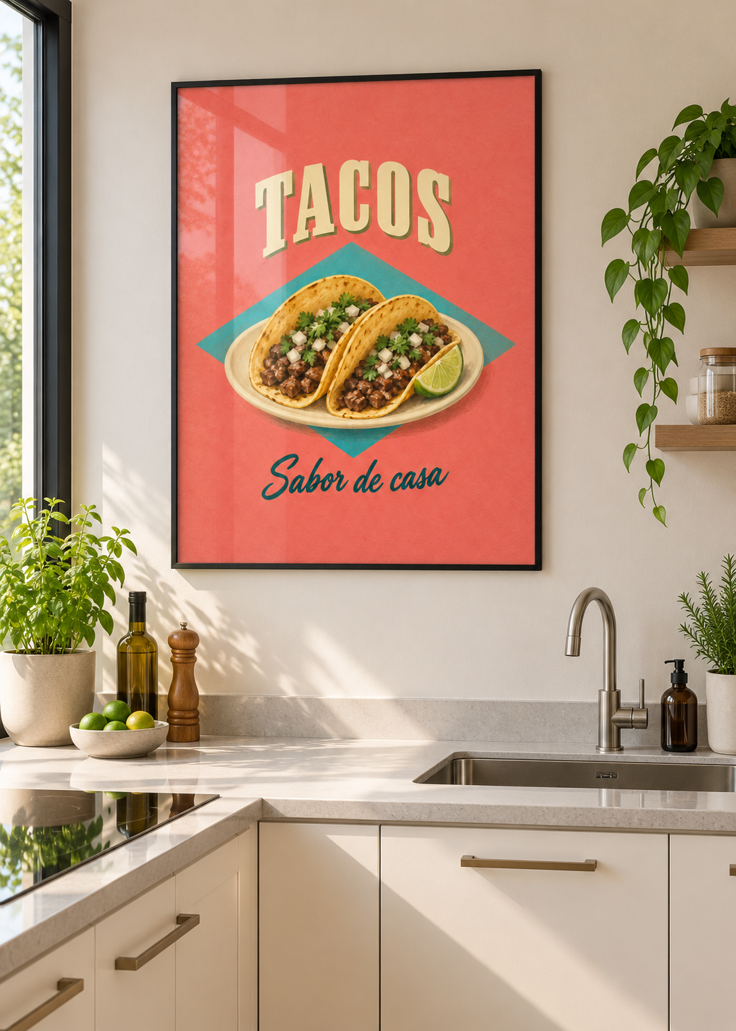 Tacos im dünnen schwarzen Posterrahmen mit Glas in moderner Küche