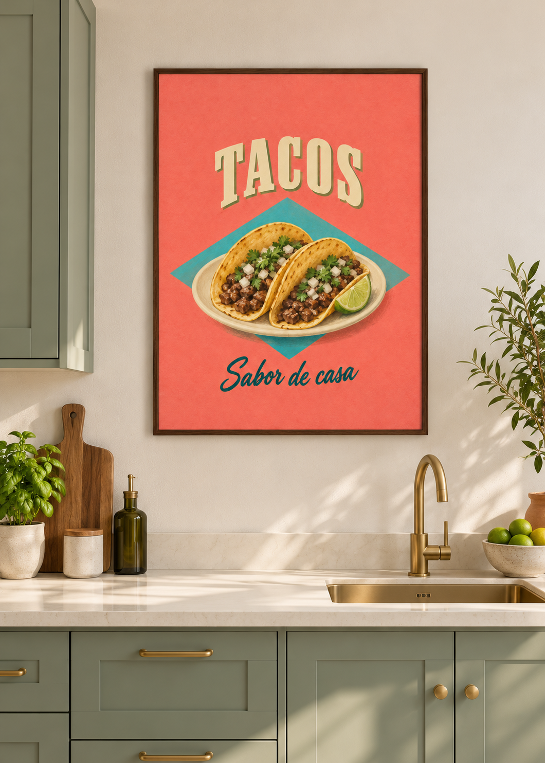 Tacos als matte Leinwand im braunen Schattenfugenrahmen ohne Glas in moderner Küche