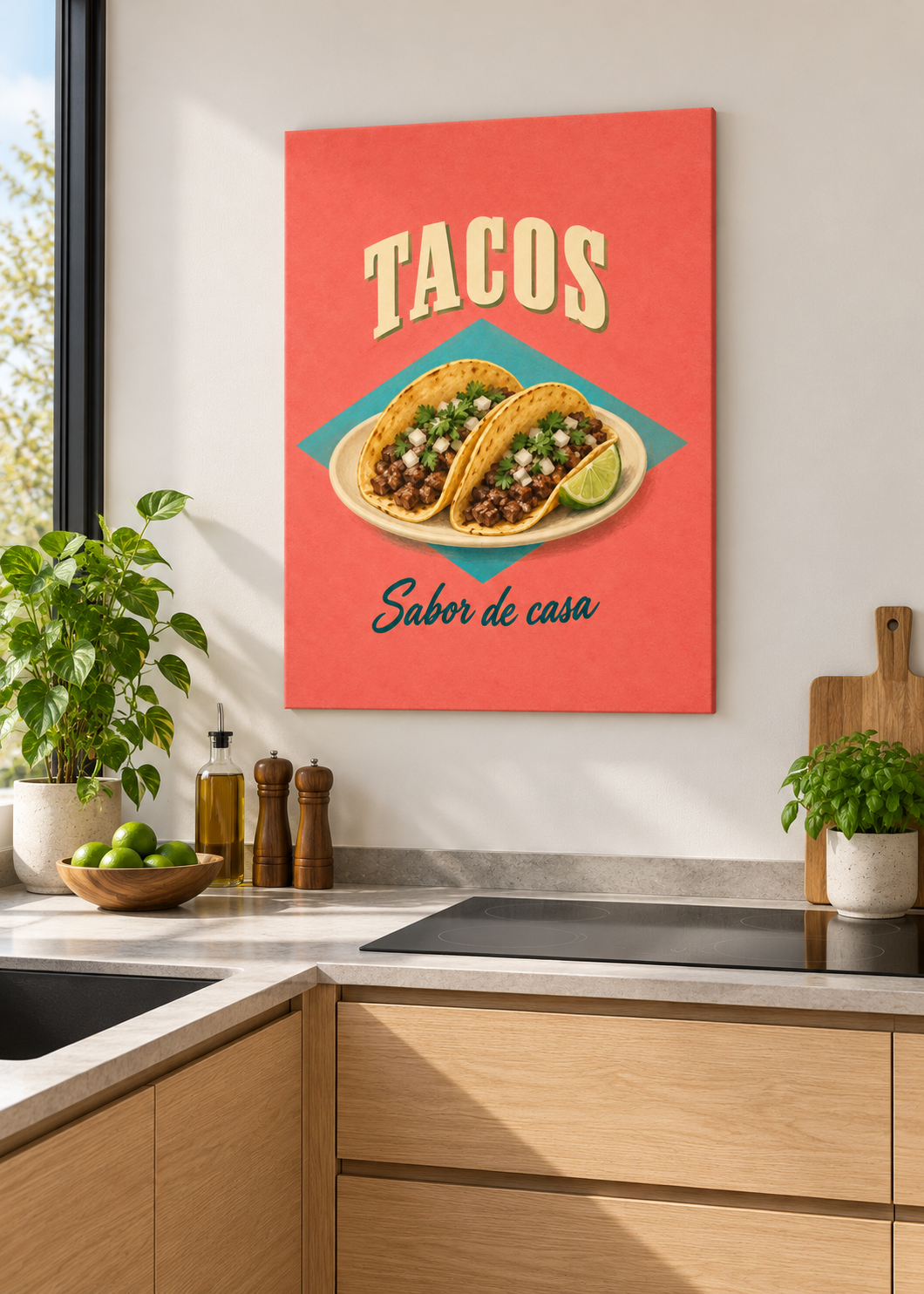 Tacos als matte rahmenlose Slim-Leinwand in moderner Küche