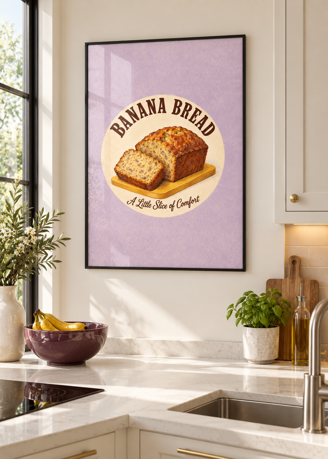 Bananenbrot im dünnen schwarzen Posterrahmen mit Glas in moderner Küche