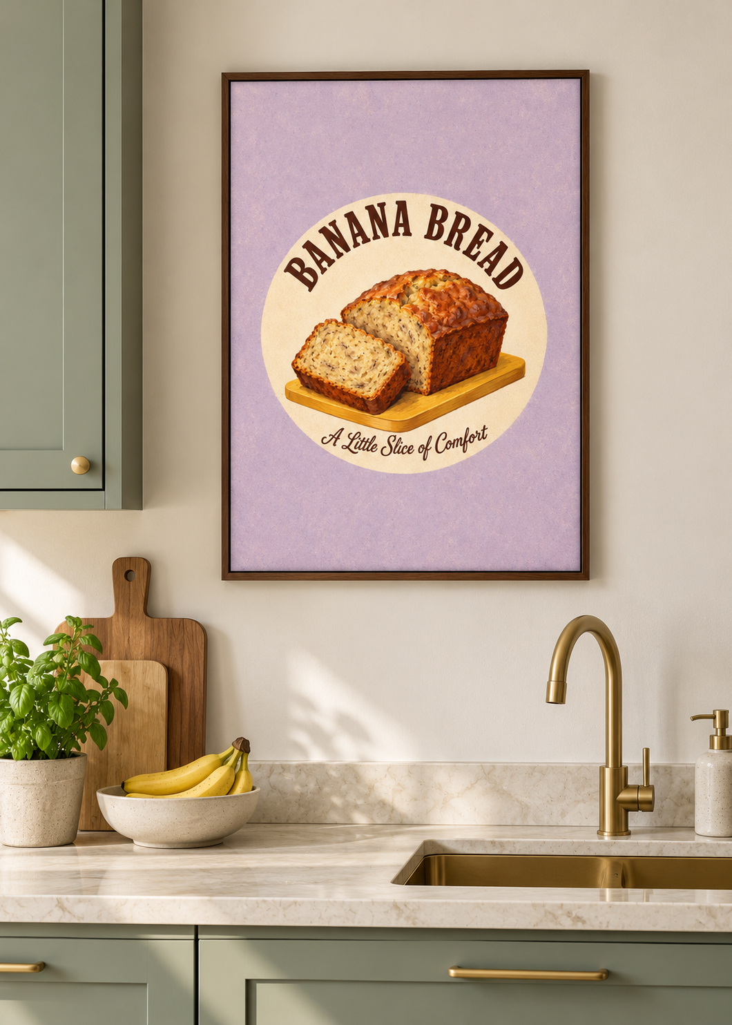 Bananenbrot als matte Leinwand im braunen Schattenfugenrahmen ohne Glas in moderner Küche