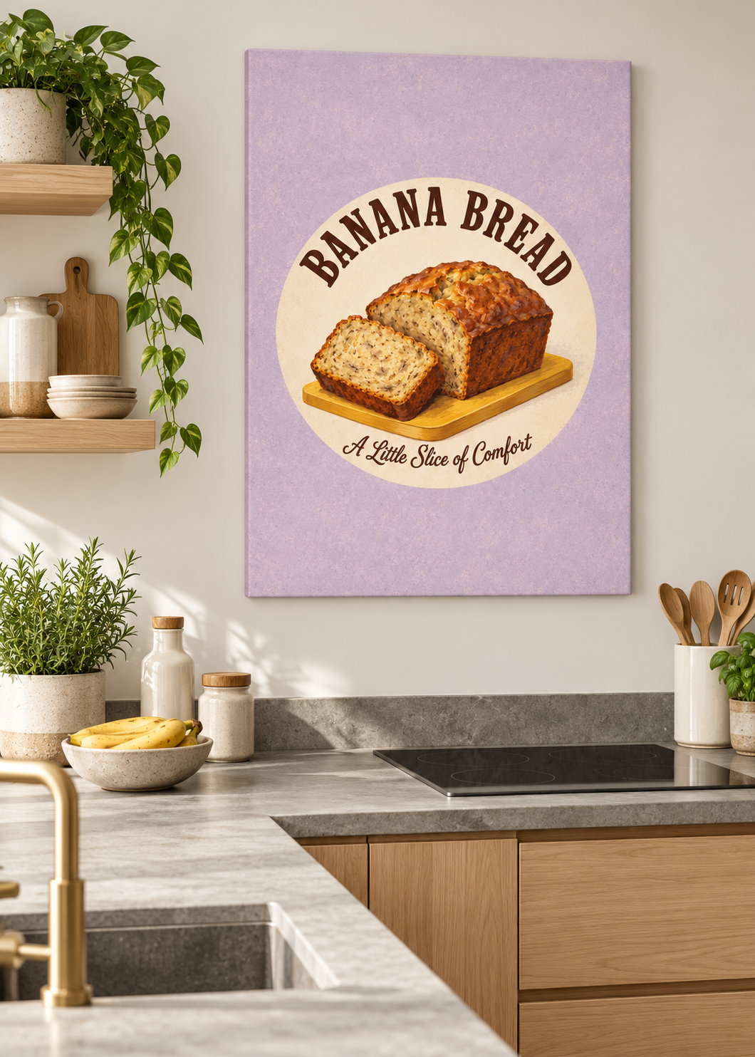 Bananenbrot als matte rahmenlose Slim-Leinwand in moderner Küche