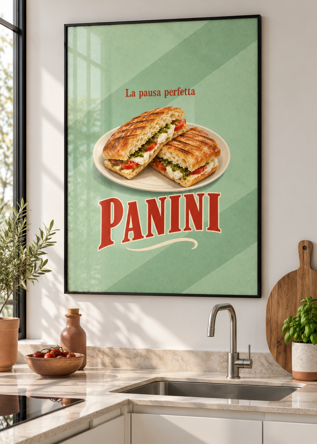 Panini im dünnen schwarzen Posterrahmen mit Glas in moderner Küche