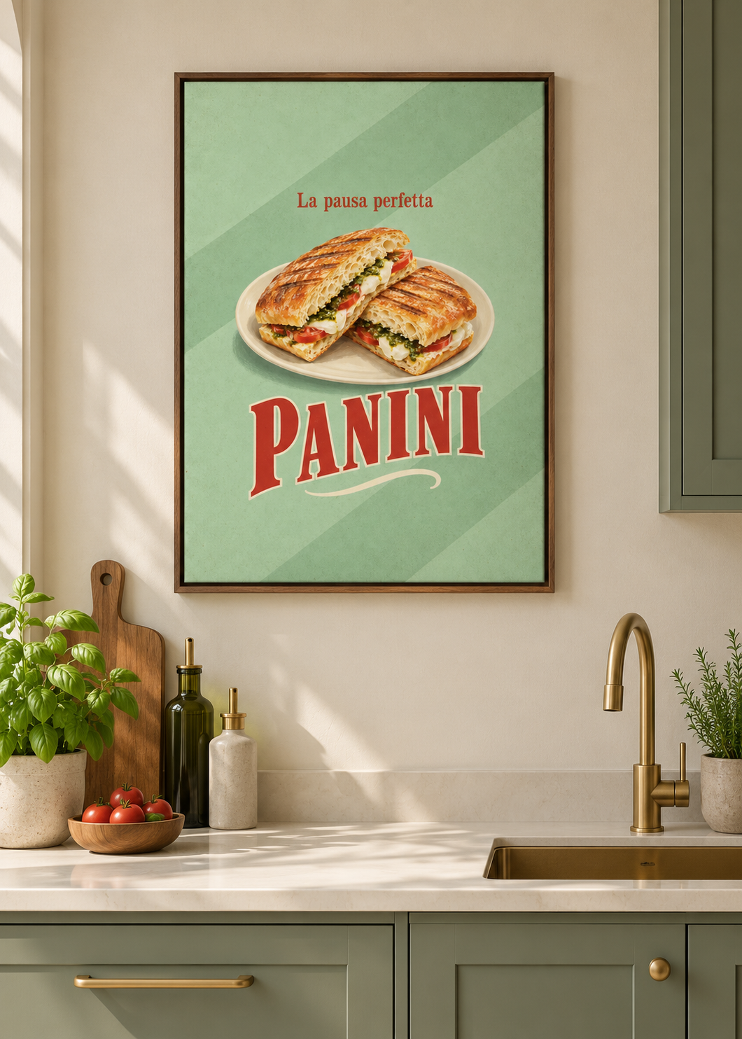 Panini als matte Leinwand im braunen Schattenfugenrahmen ohne Glas in moderner Küche