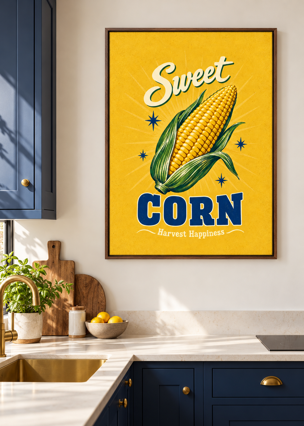Sweet Corn als matte Leinwand im braunen Schattenfugenrahmen ohne Glas in moderner Küche
