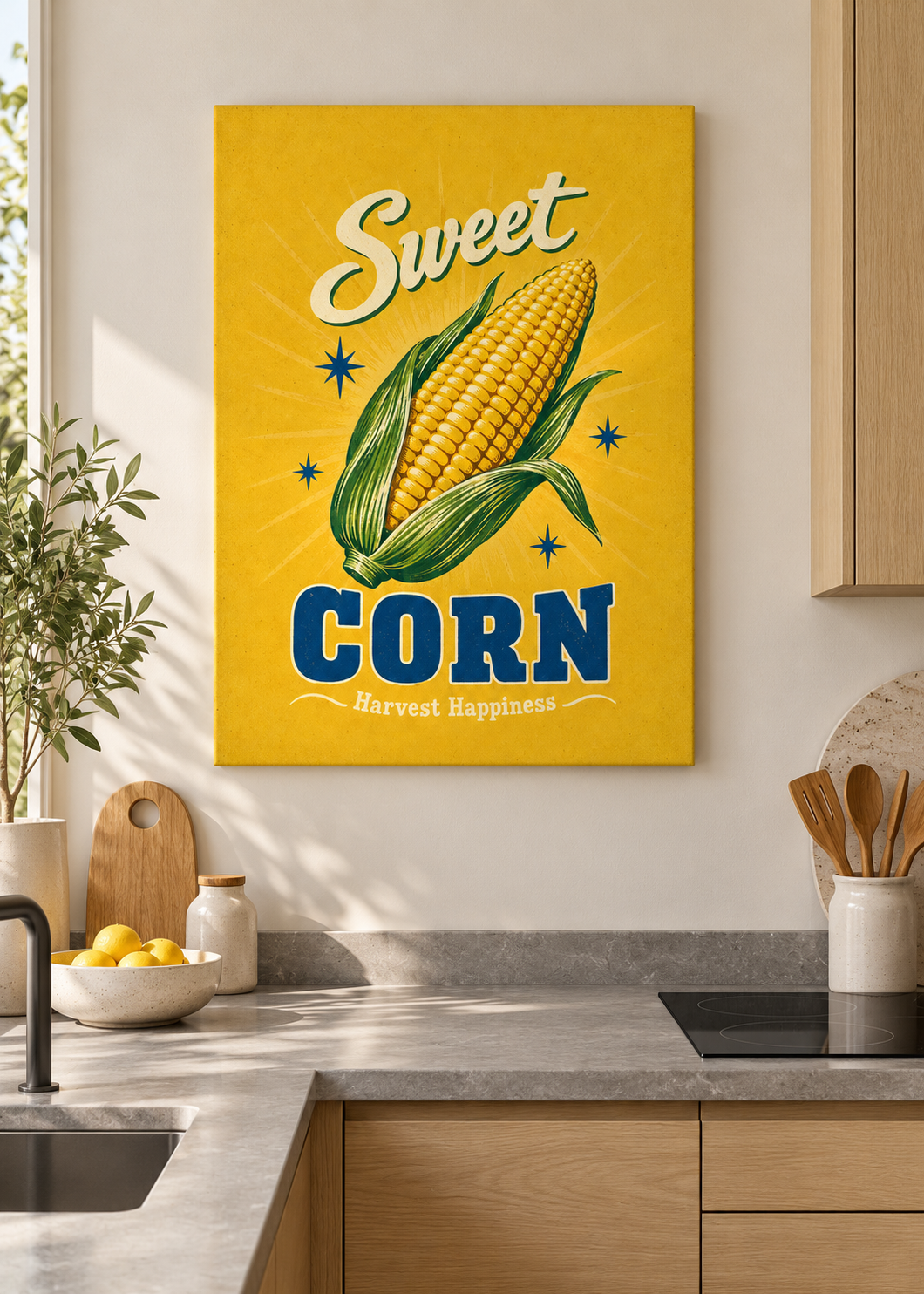 Sweet Corn als matte rahmenlose Slim-Leinwand in moderner Küche